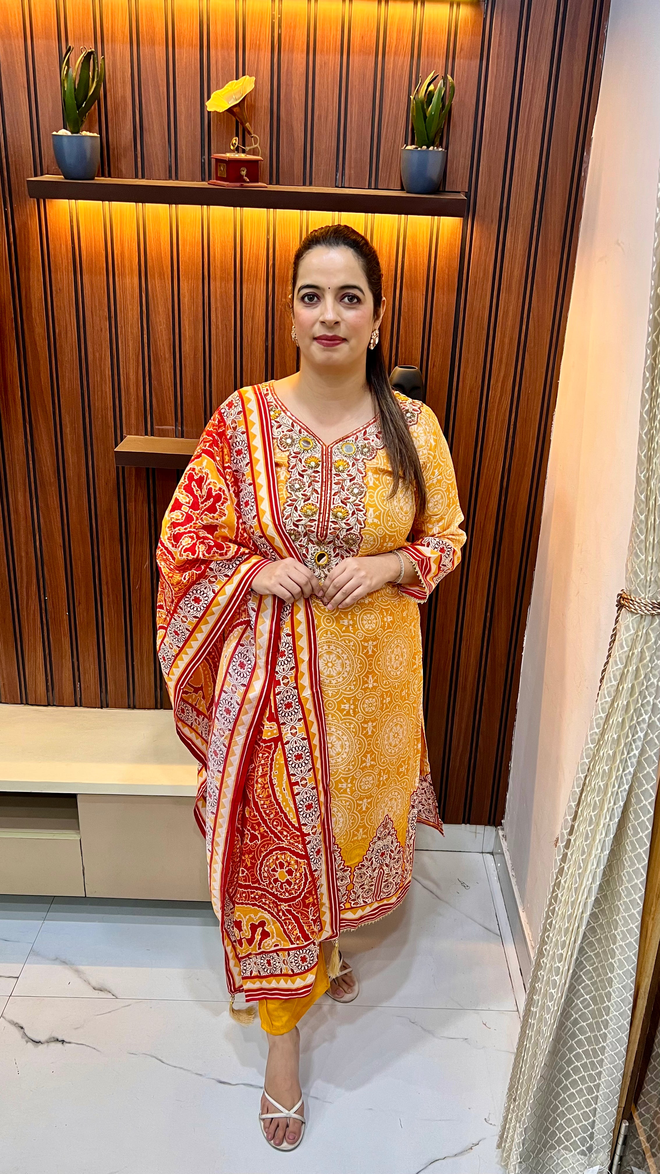 Maheshwari Silk Suit with Real Mirror Work Neckline & Shantoon Bottom