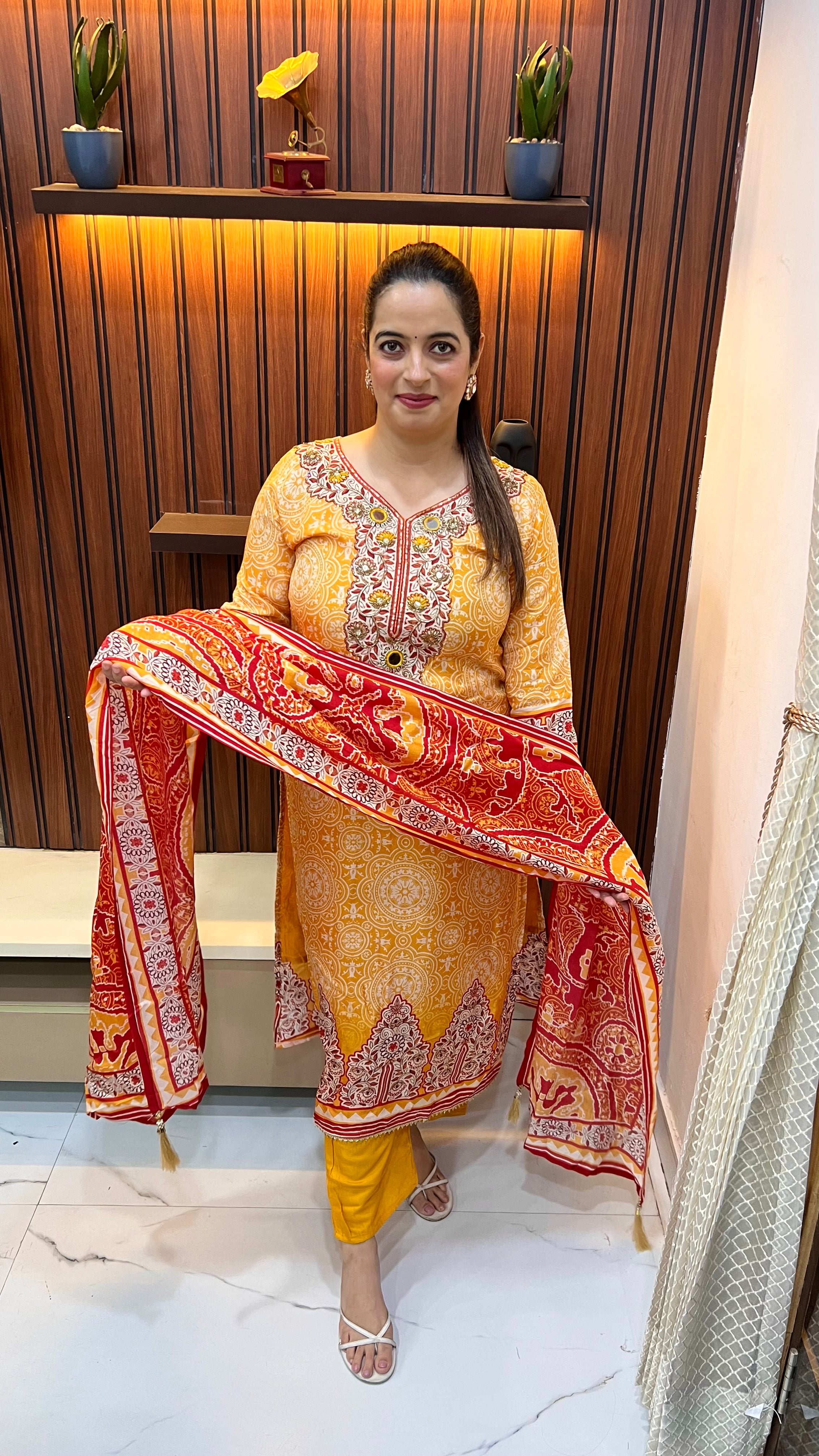 Maheshwari Silk Suit with Real Mirror Work Neckline & Shantoon Bottom