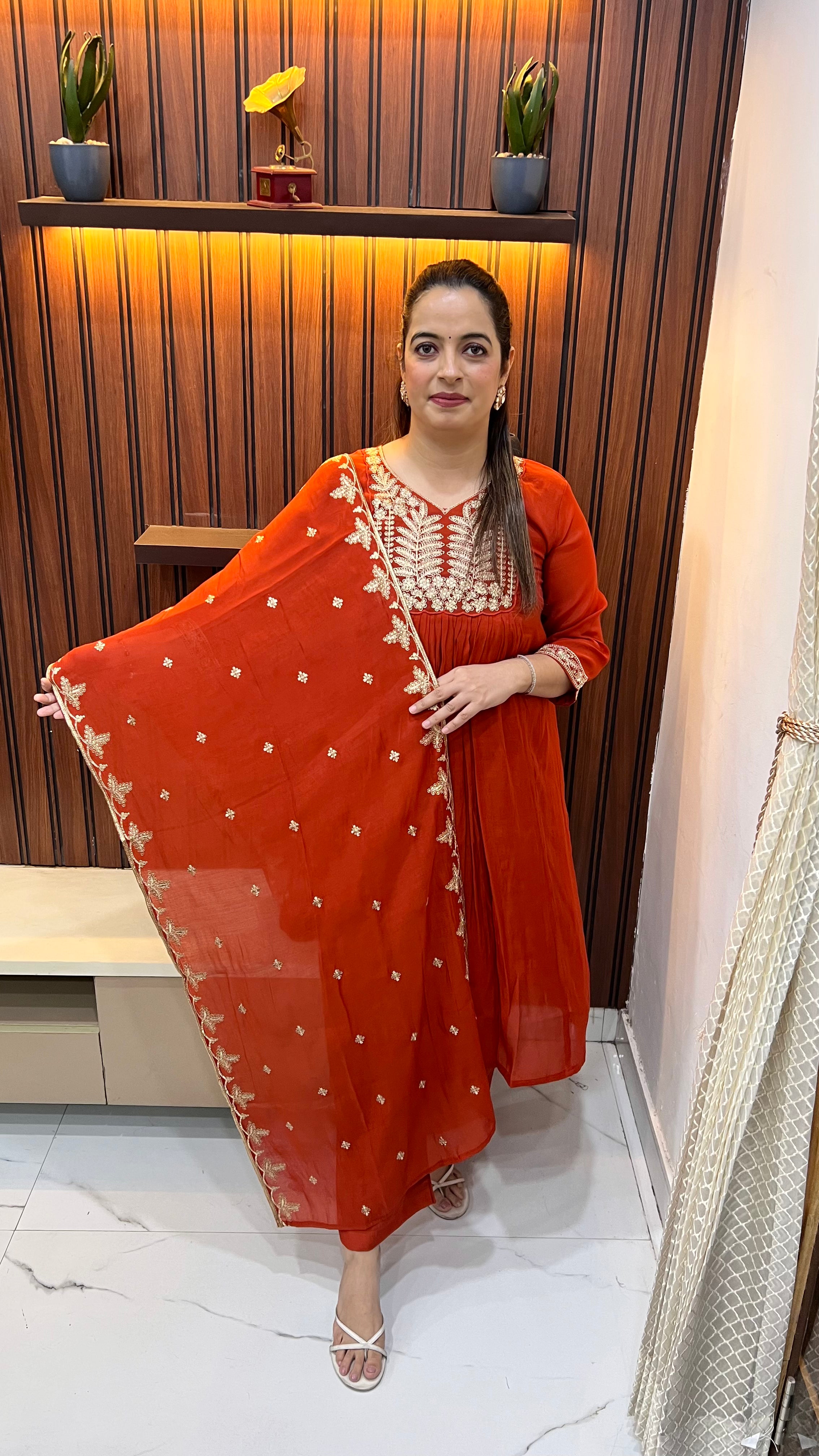 Mul Chanderi A-Line Suit with All Over Zari Work & Gathered Neckline