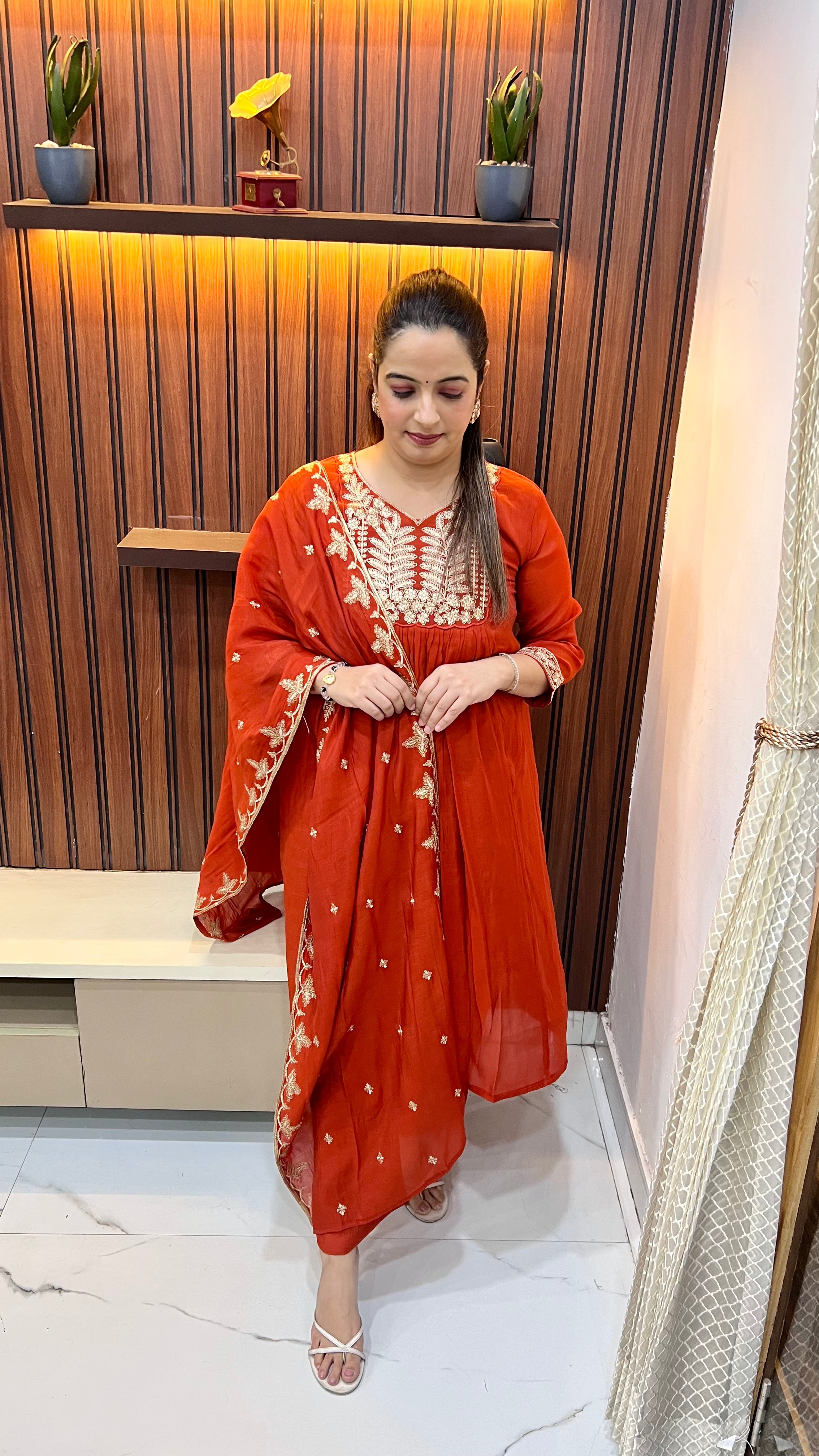 Mul Chanderi A-Line Suit with All Over Zari Work & Gathered Neckline