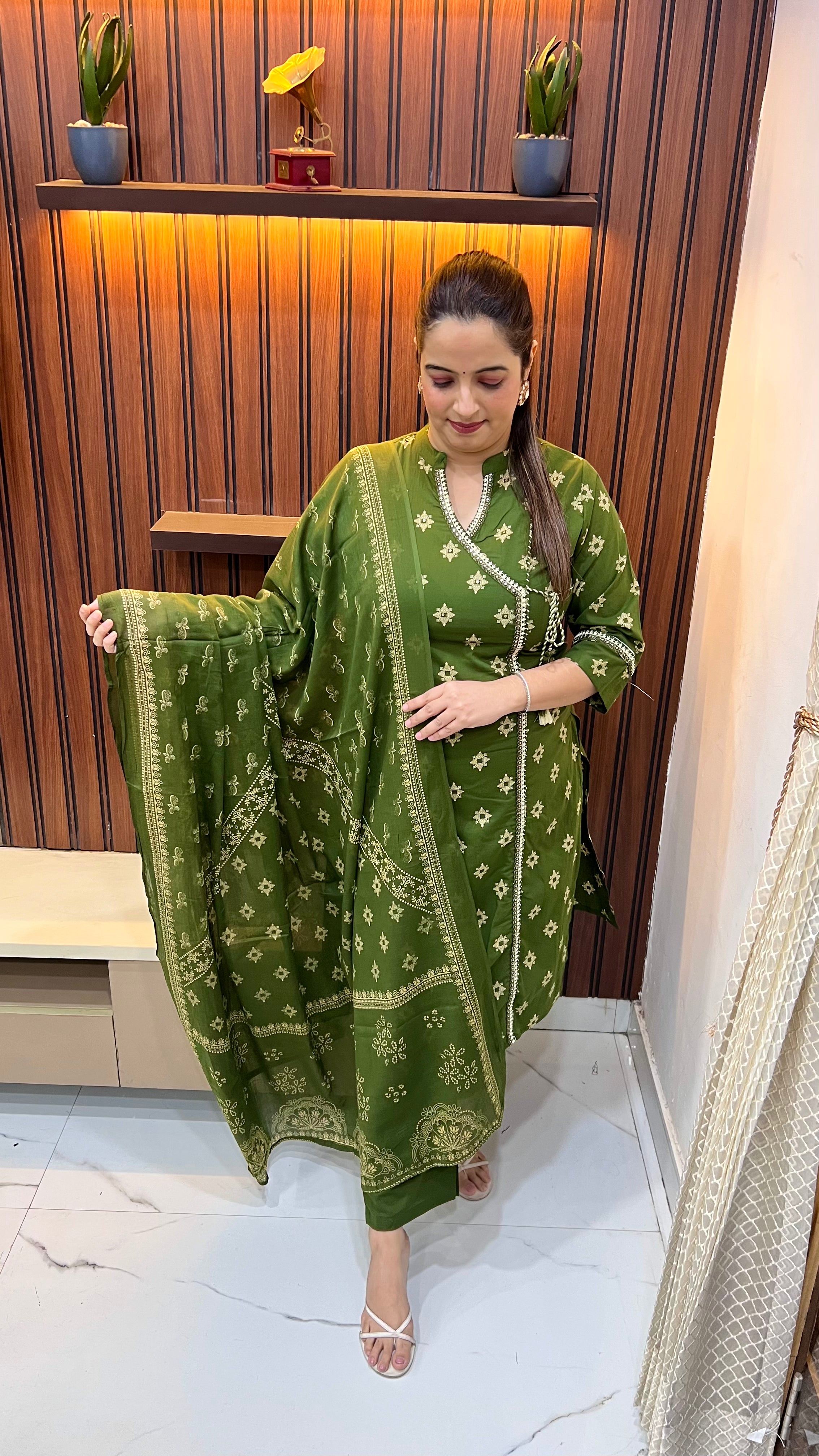 Pure Cotton Angrakha Straight Suit with Mirror Work Neckline