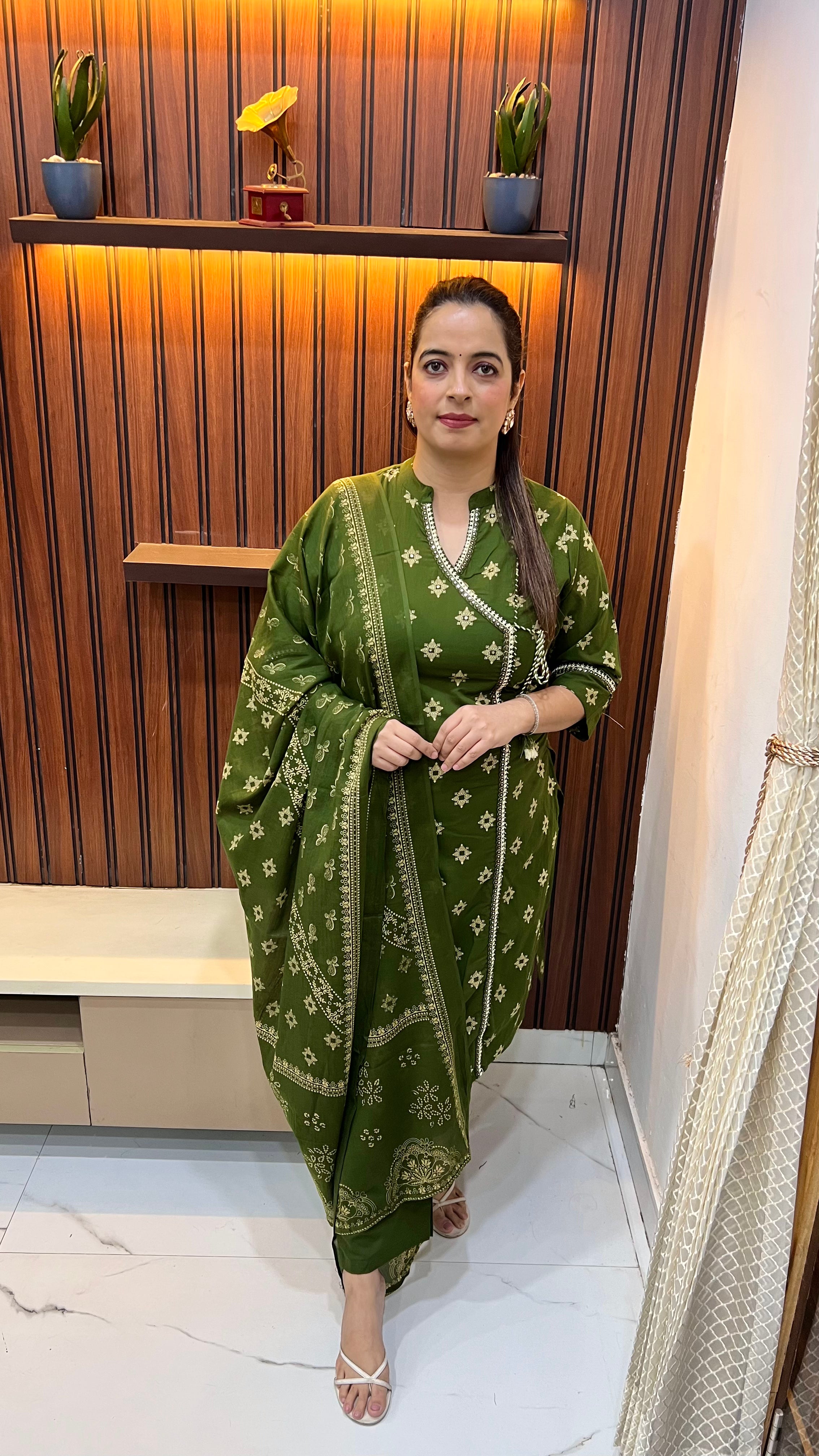 Pure Cotton Angrakha Straight Suit with Mirror Work Neckline
