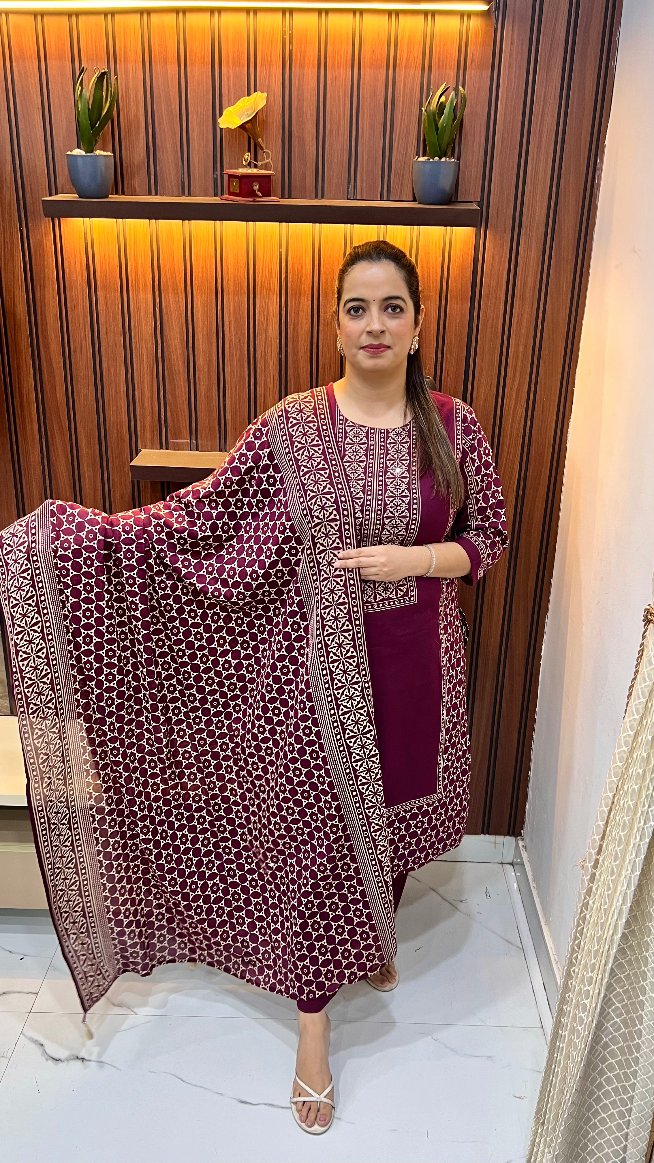 Pure Cotton Kalamkari Print Suit with Hand Embroidery Neckline