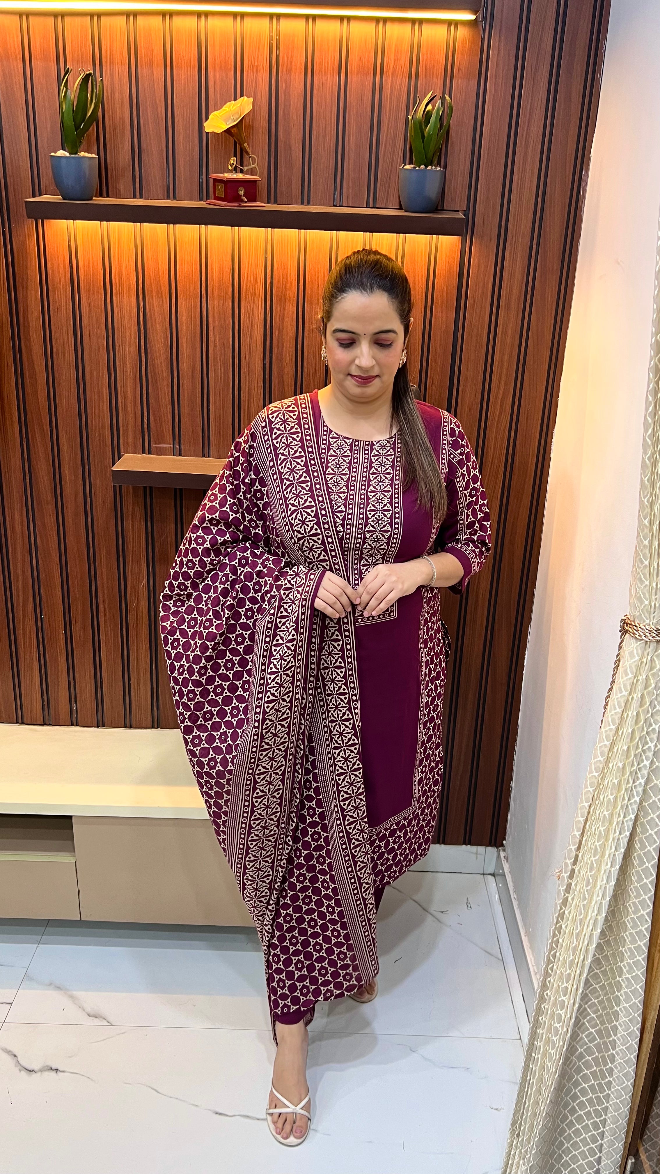 Pure Cotton Kalamkari Print Suit with Hand Embroidery Neckline