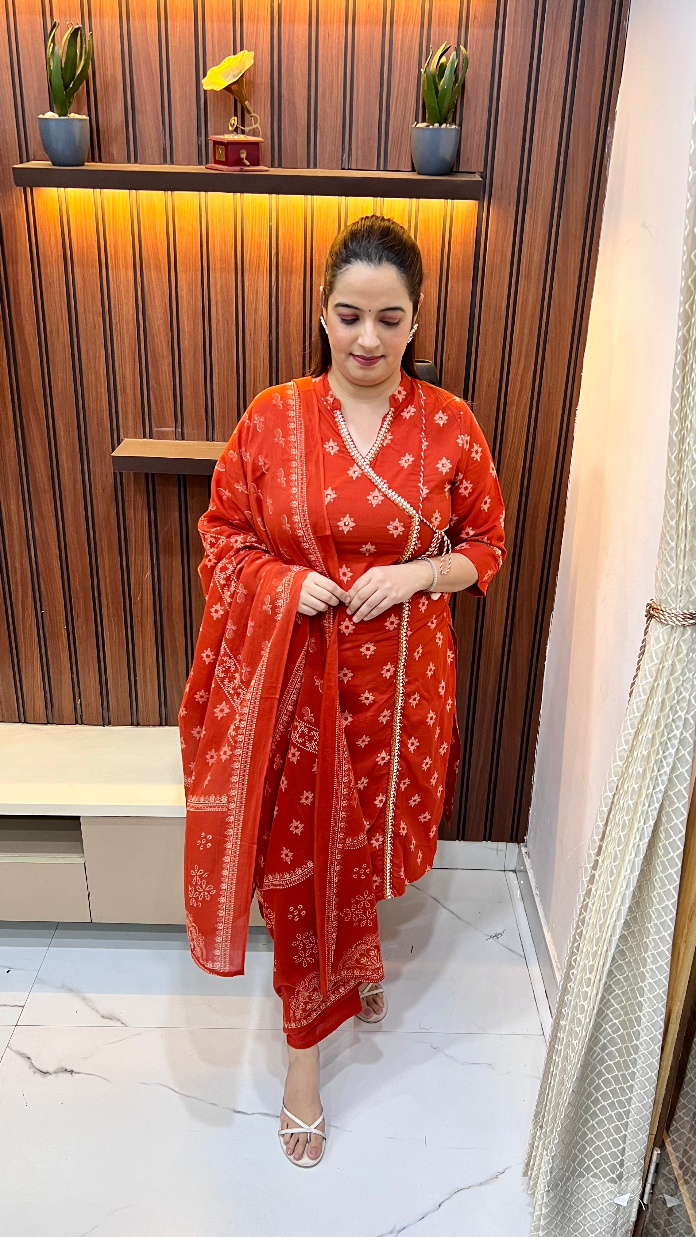 Pure Cotton Angrakha Straight Suit with Mirror Work Neckline
