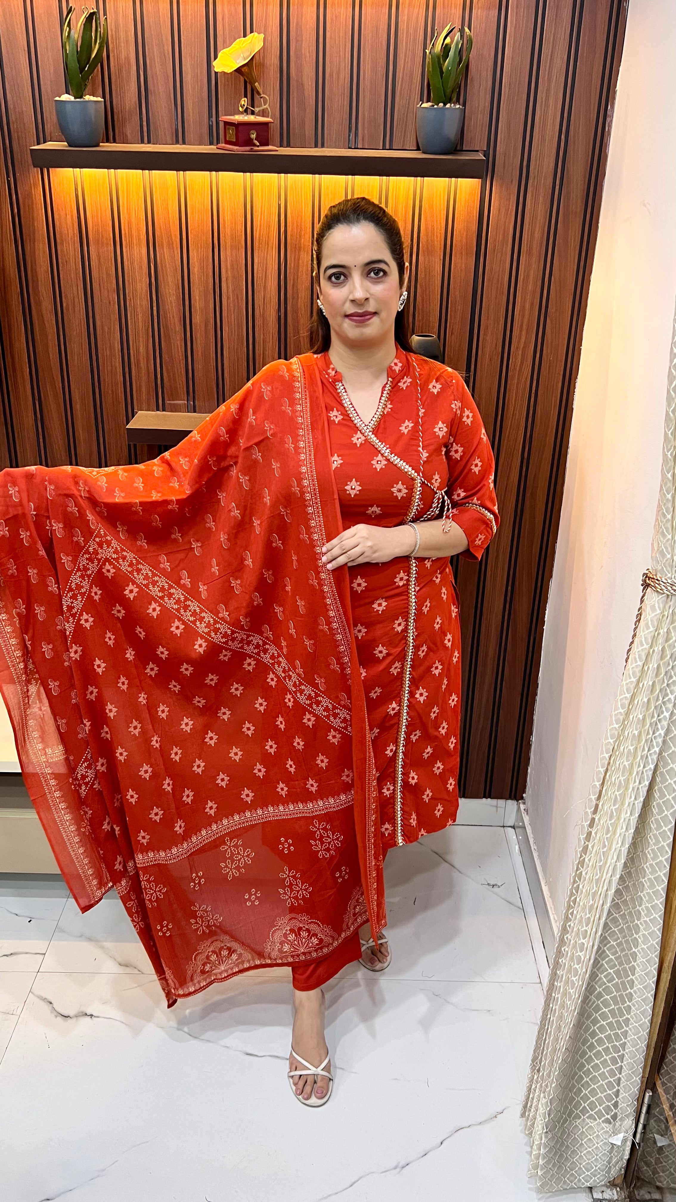 Pure Cotton Angrakha Straight Suit with Mirror Work Neckline