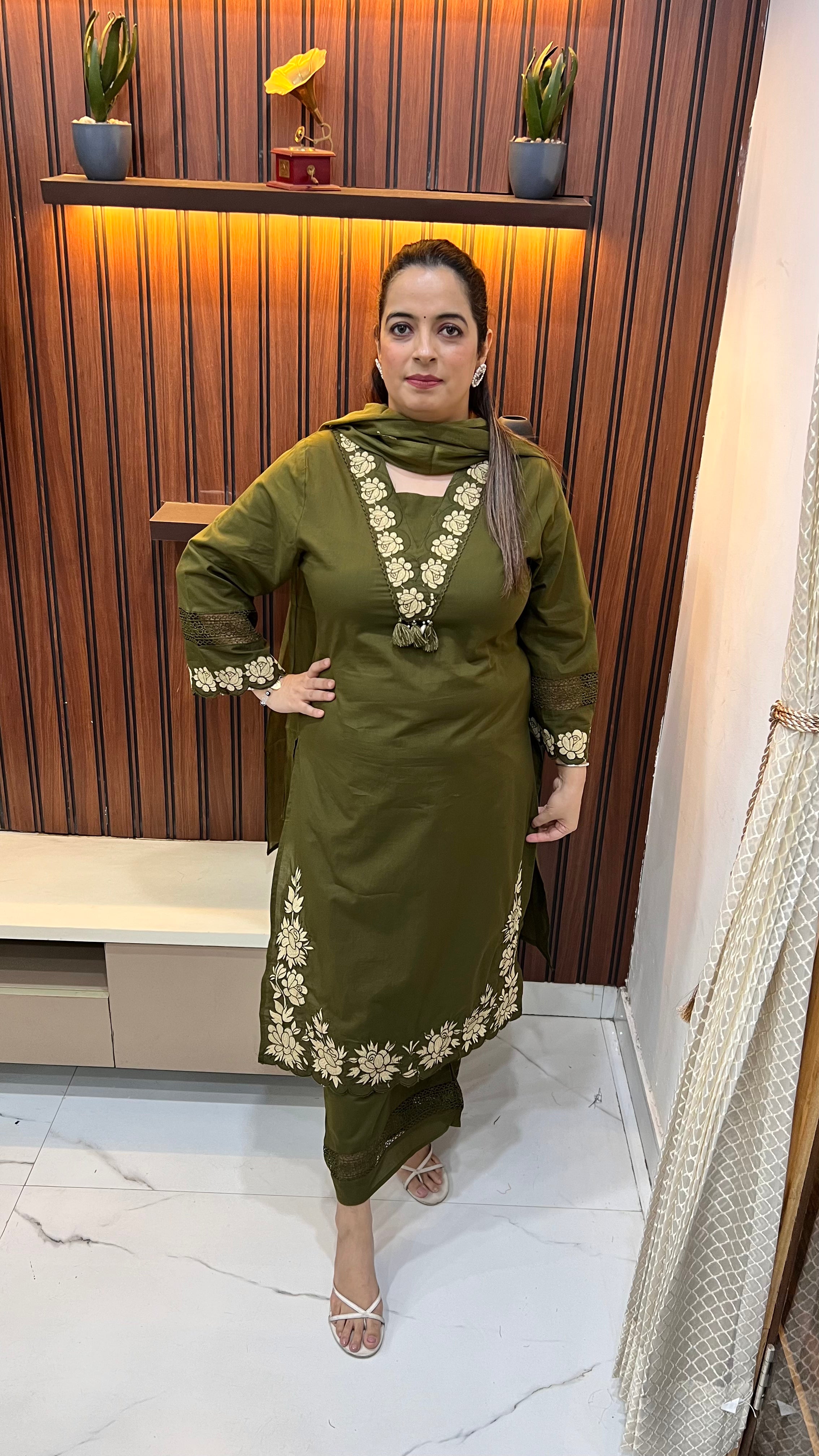 Pure Cotton Suit with Thread & Cotton Crochet Work, Bell Sleeves & Ghera Detailing