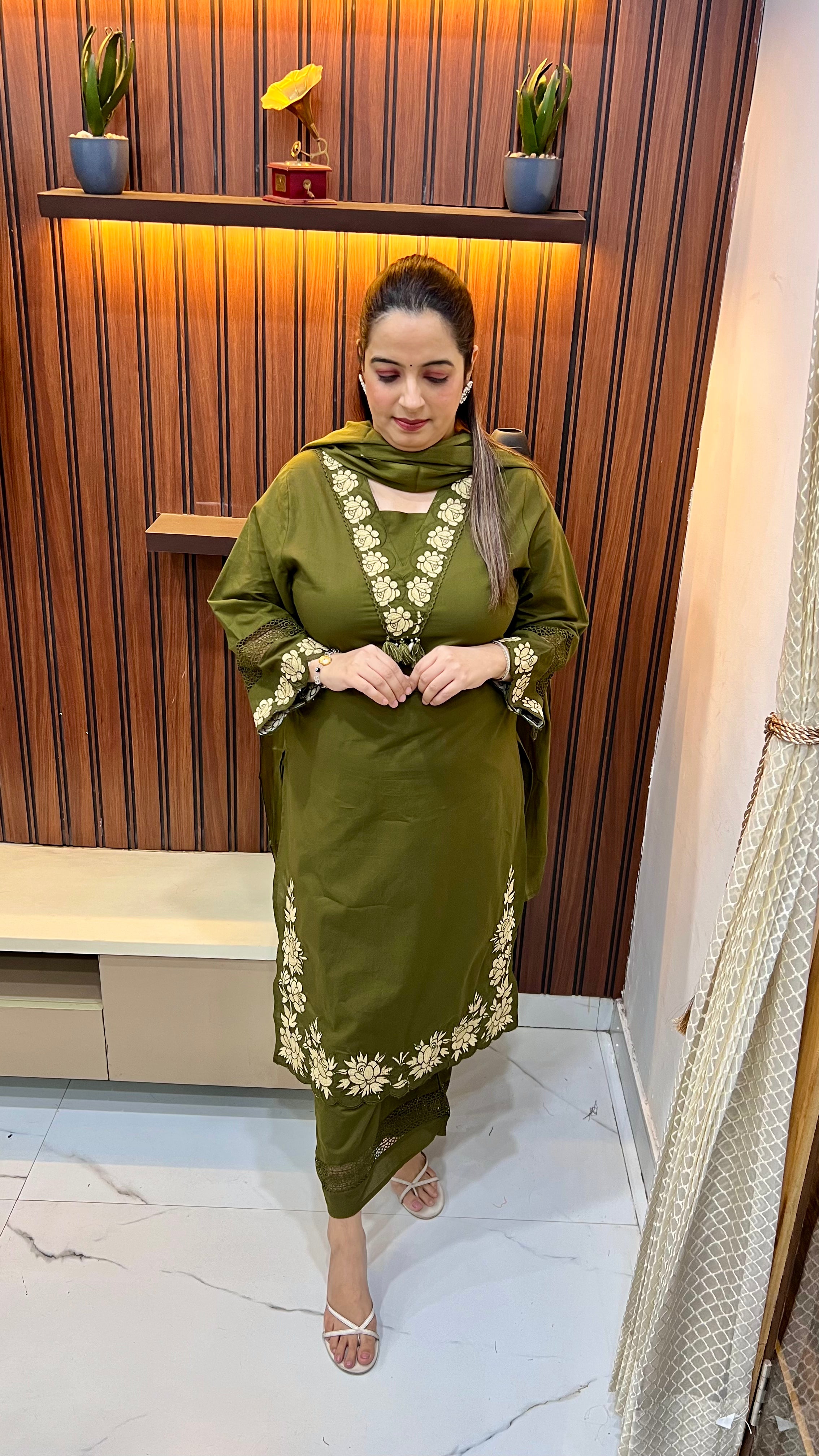 Pure Cotton Suit with Thread & Cotton Crochet Work, Bell Sleeves & Ghera Detailing