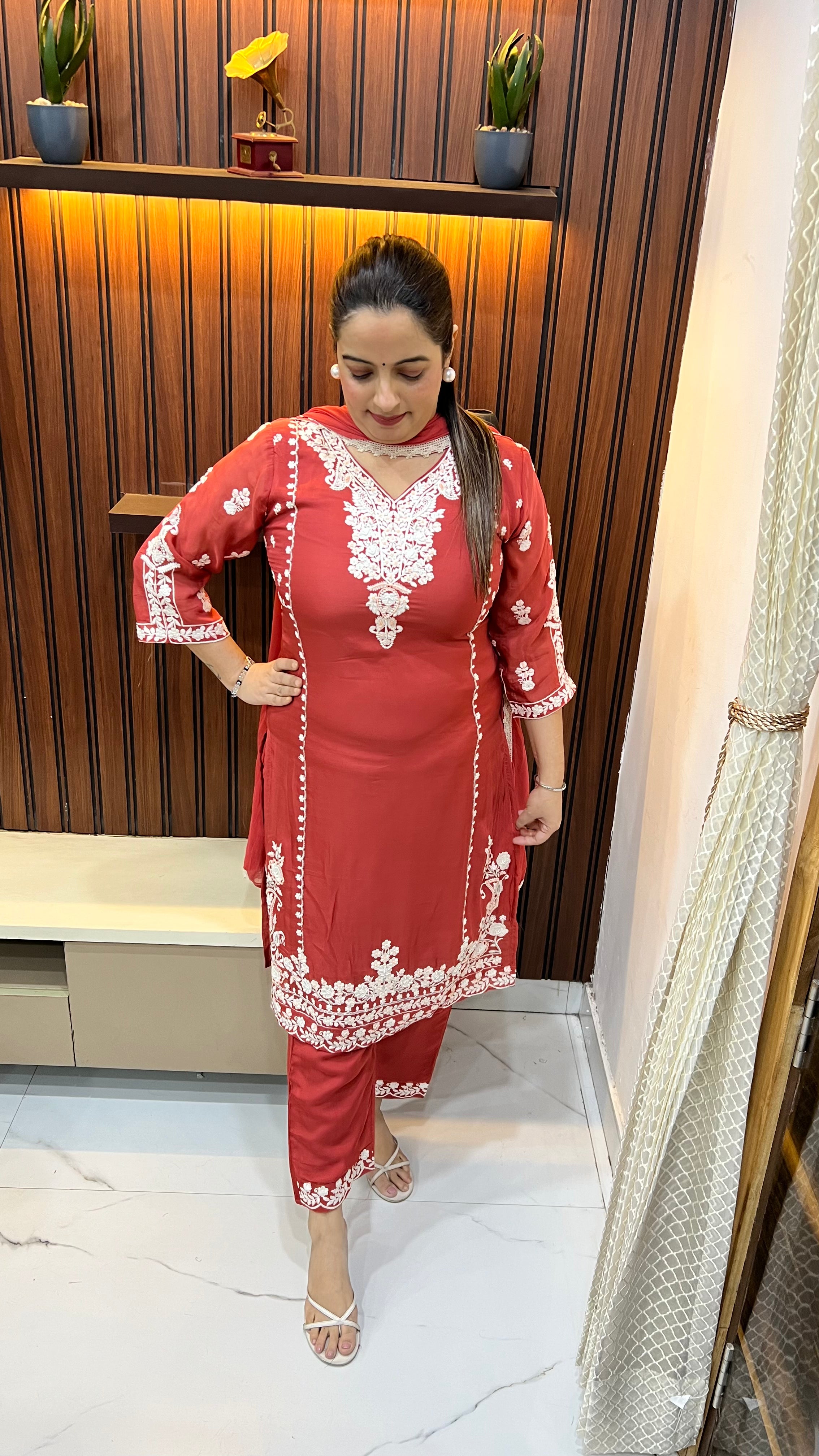 Pure Organza Suit with Crepe Lining, Resham Thread Embroidery & Pearl Cut Dana Neckline