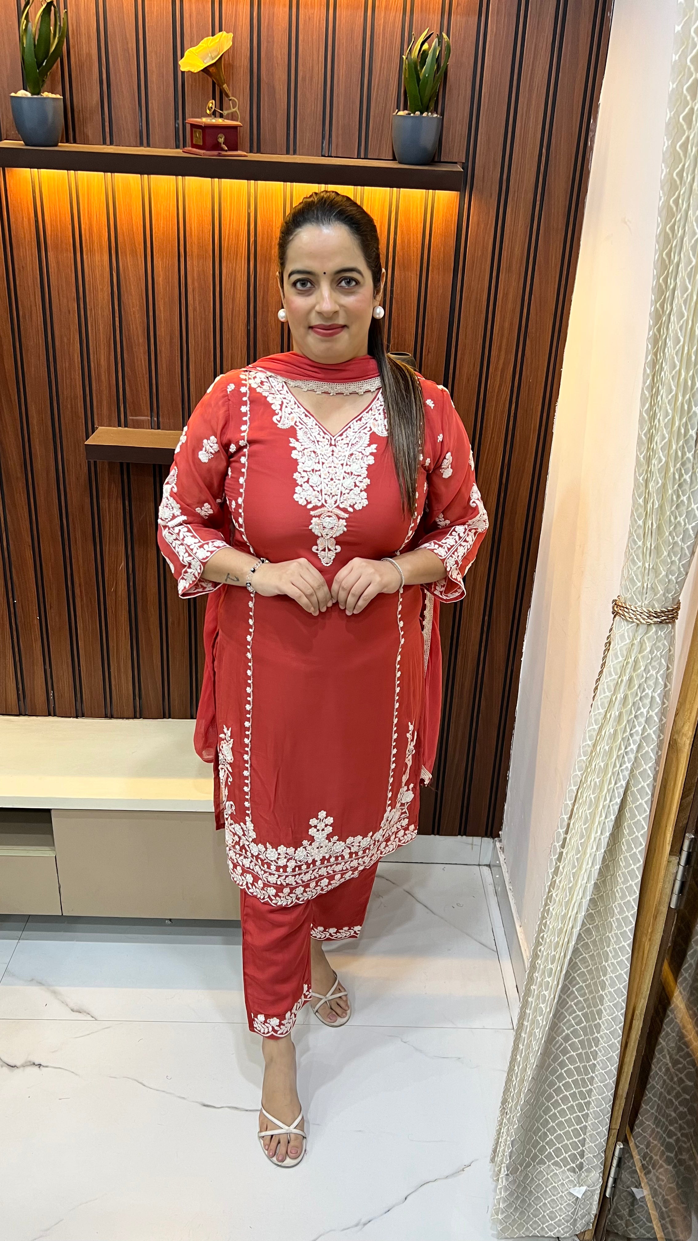 Pure Organza Suit with Crepe Lining, Resham Thread Embroidery & Pearl Cut Dana Neckline
