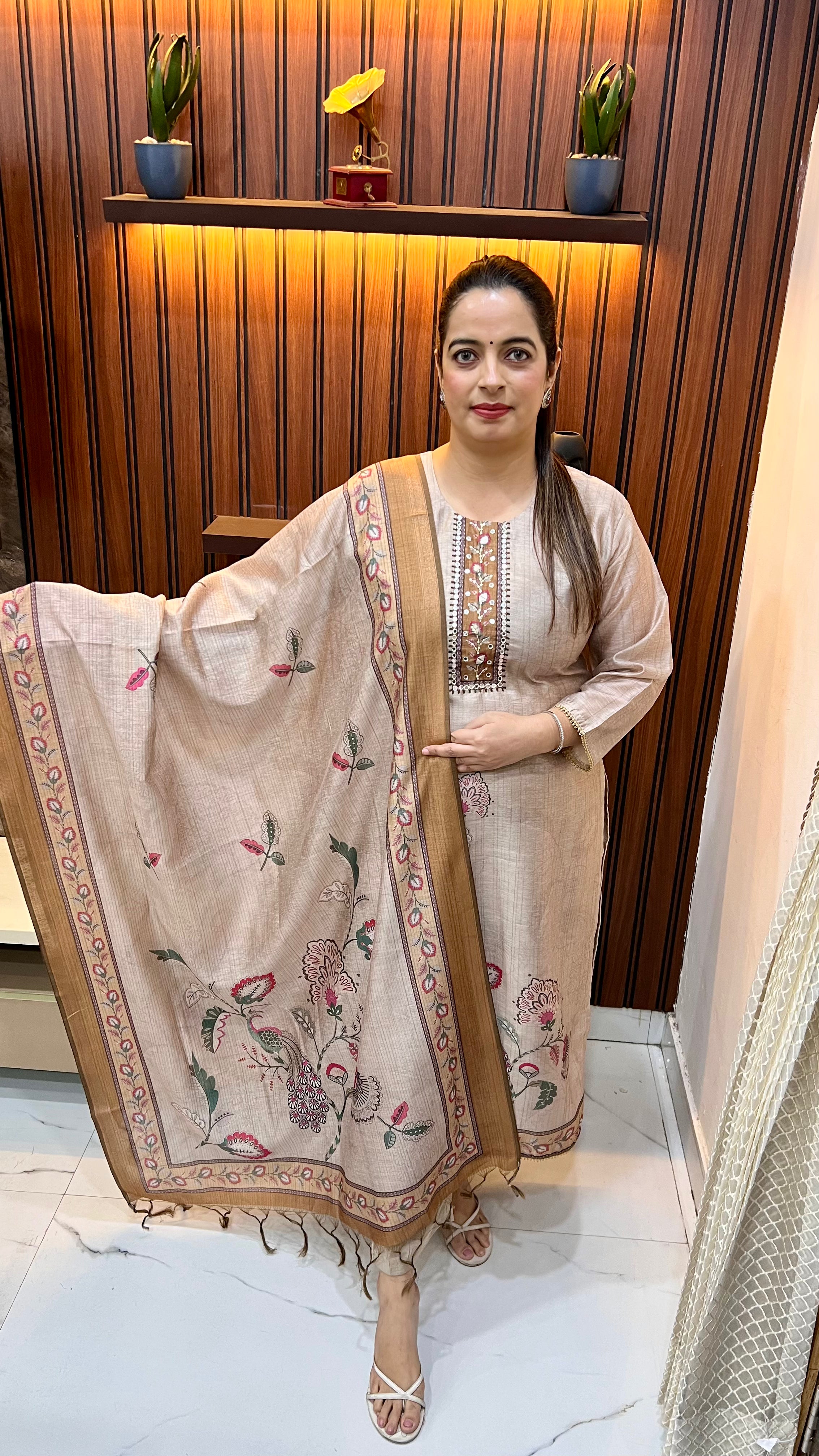 Maheshwari Silk Suit with Handcrafted Neckline Print, Mirror Work & Golden Lagdi Patta Dupatta