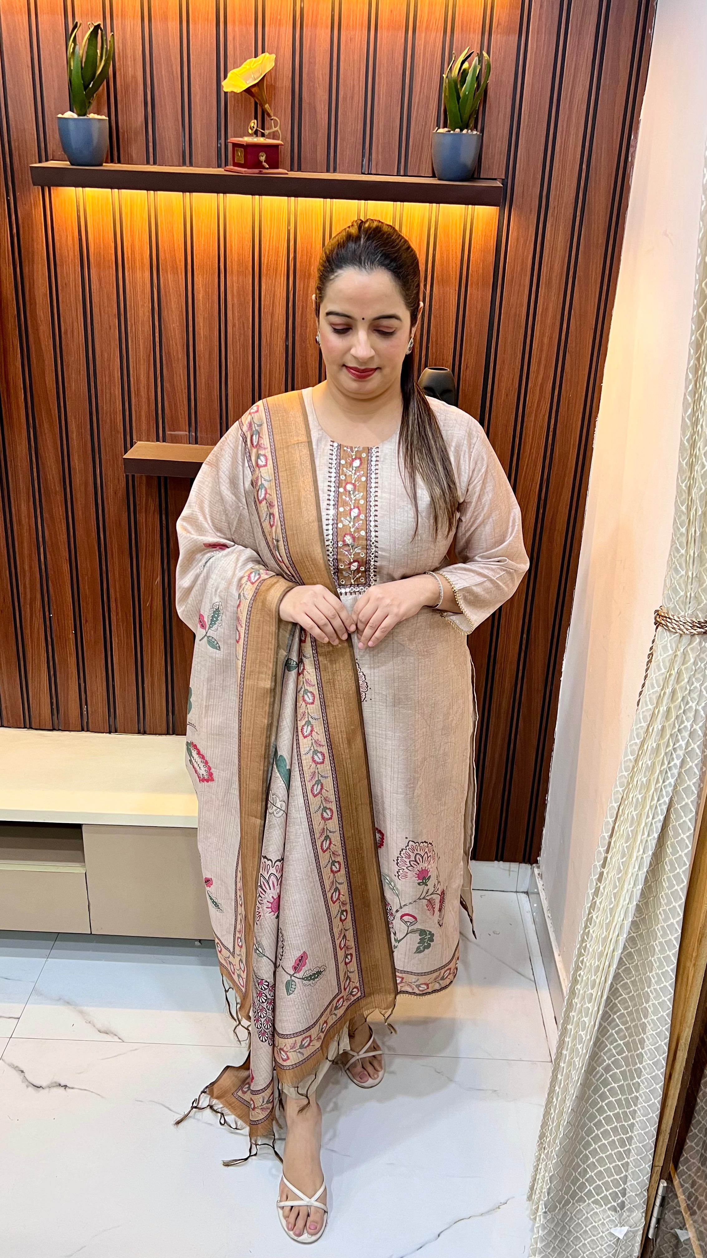 Maheshwari Silk Suit with Handcrafted Neckline Print, Mirror Work & Golden Lagdi Patta Dupatta