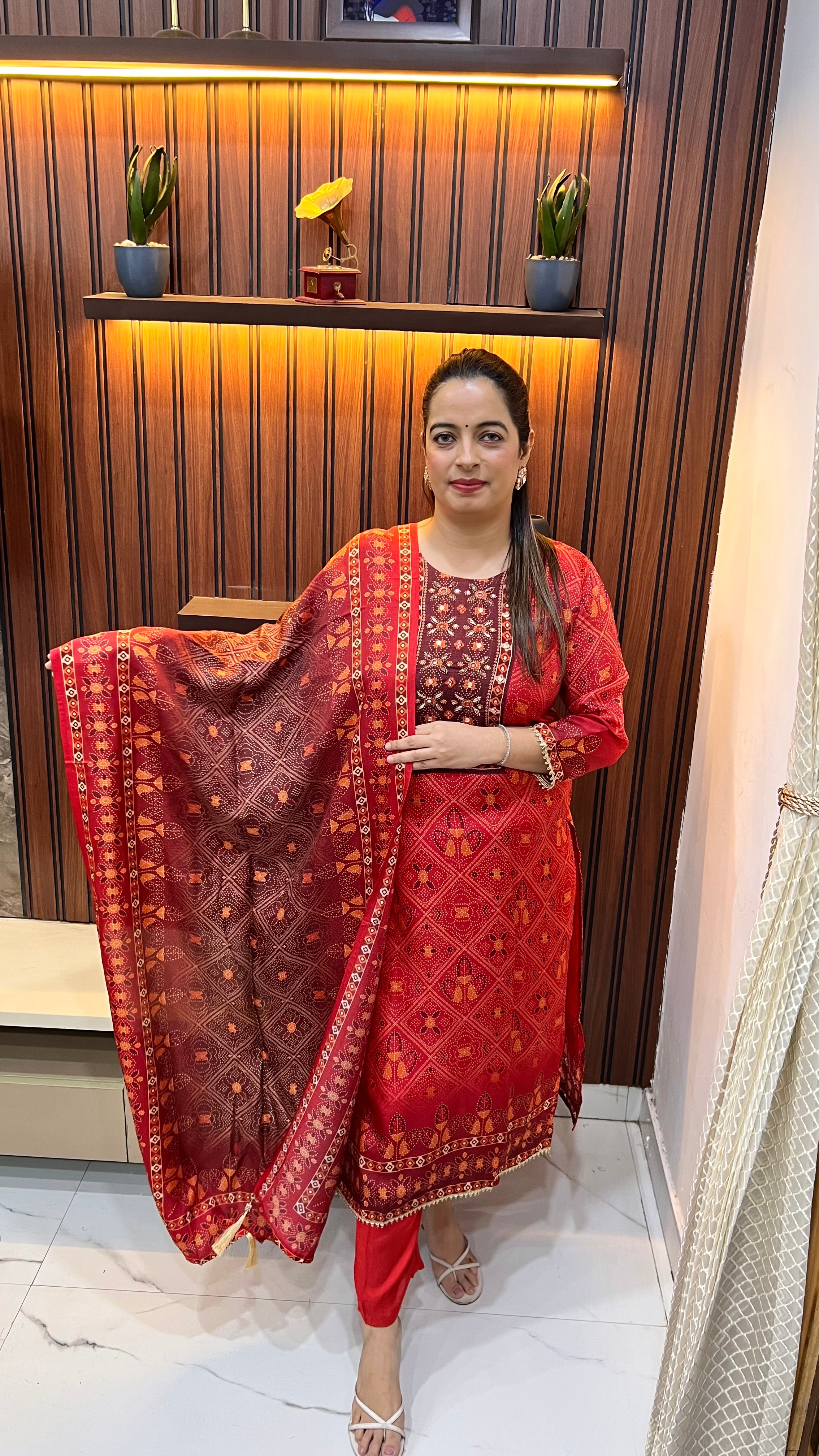 Paper Silk Bandhani Print Suit with Hand Embroidery Neckline & Pure Cotton Lining