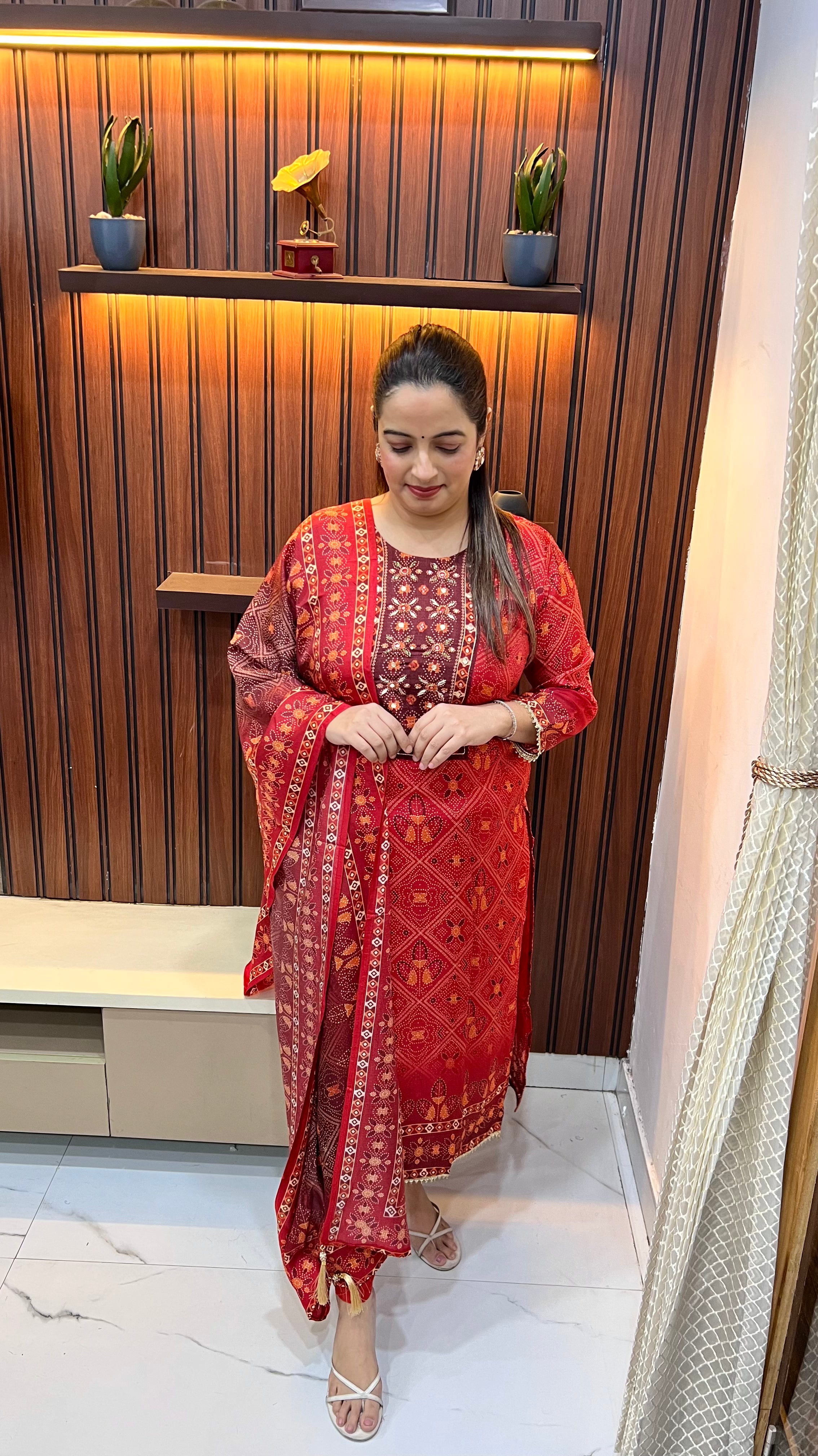 Paper Silk Bandhani Print Suit with Hand Embroidery Neckline & Pure Cotton Lining