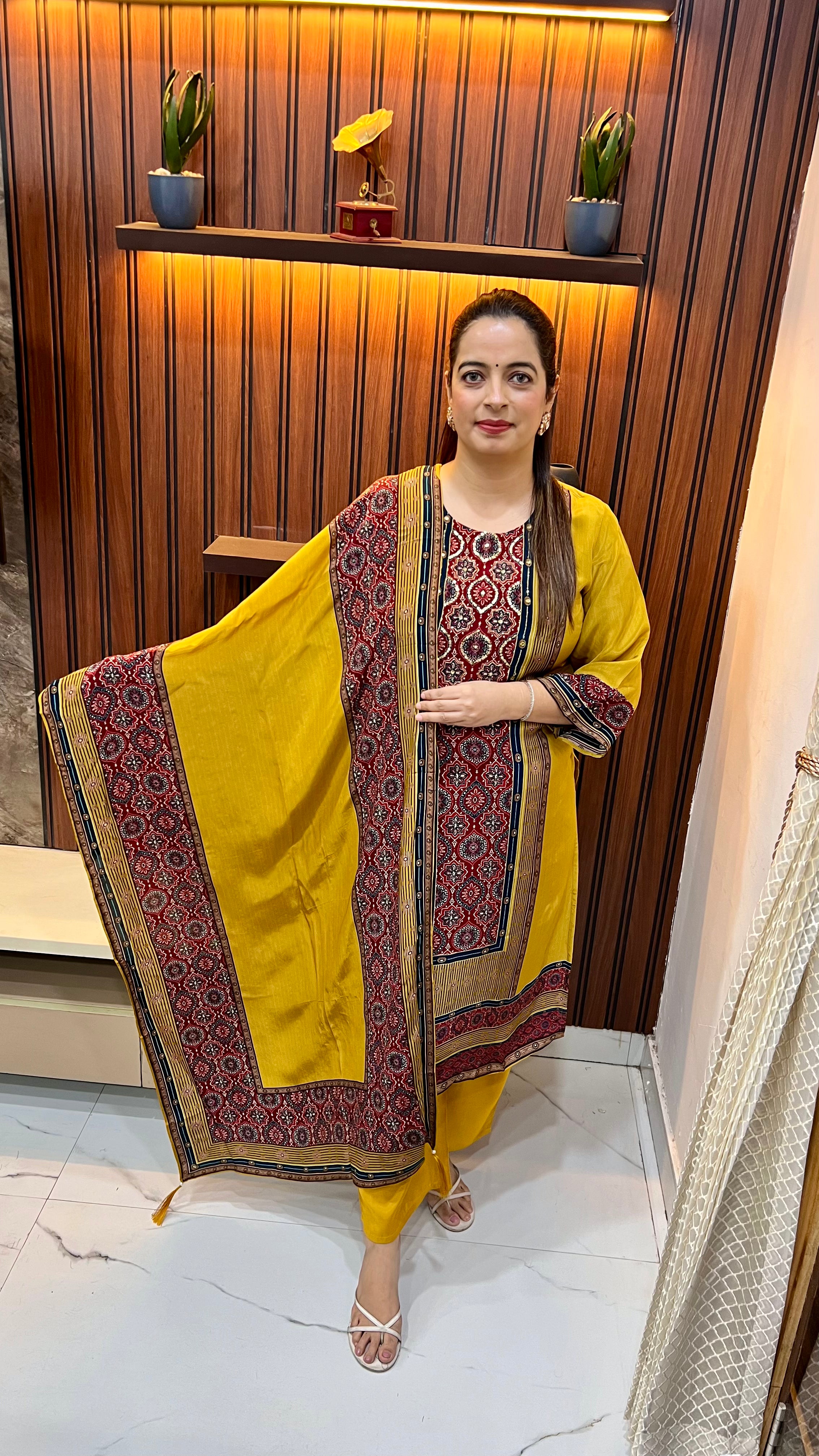 Natural Crepe Suit with Ajrak Print & Hand Embroidery with Pure Cotton Lining