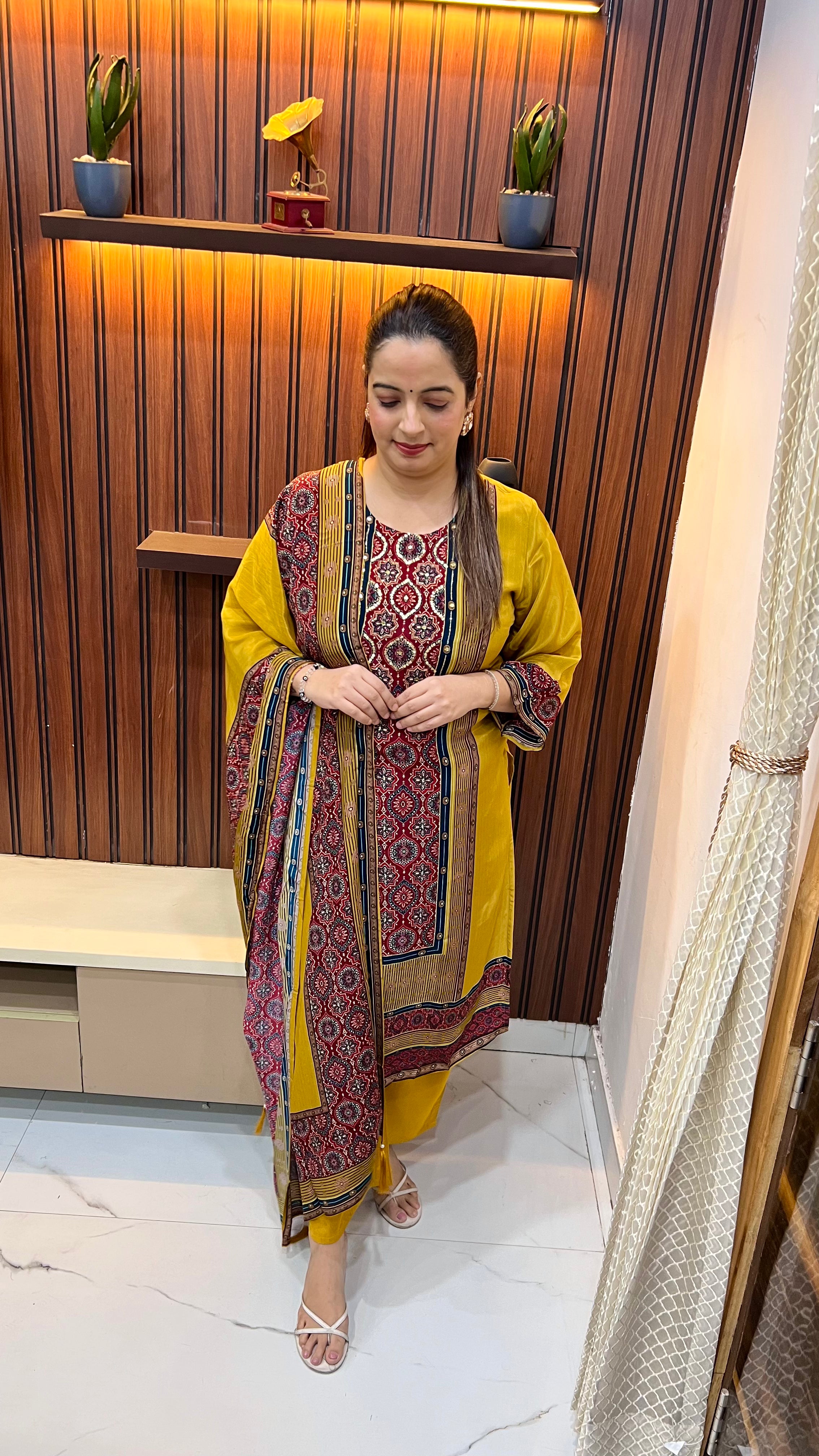 Natural Crepe Suit with Ajrak Print & Hand Embroidery with Pure Cotton Lining