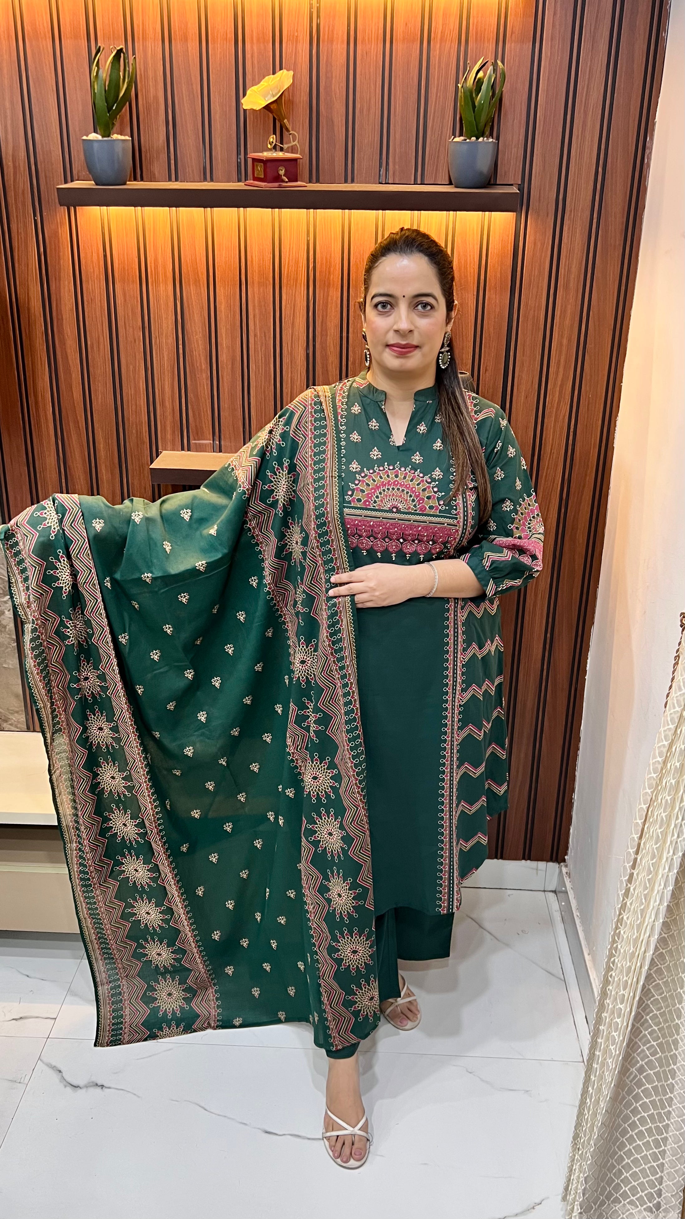 Pure Cotton A-Line Suit with V-Cut Neckline, Pearl Work, Kalamkari Design & Dual Side Pockets