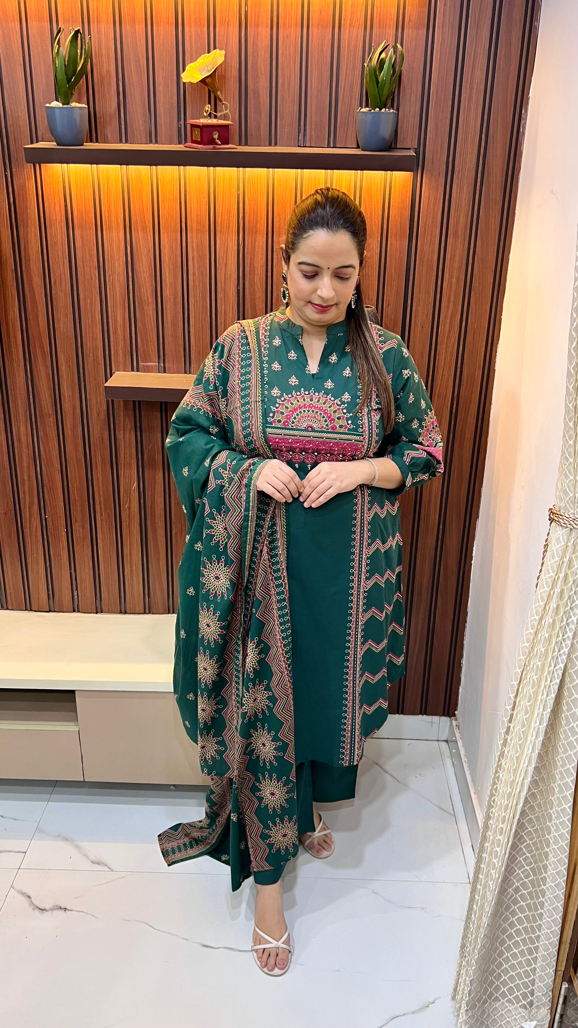 Pure Cotton A-Line Suit with V-Cut Neckline, Pearl Work, Kalamkari Design & Dual Side Pockets