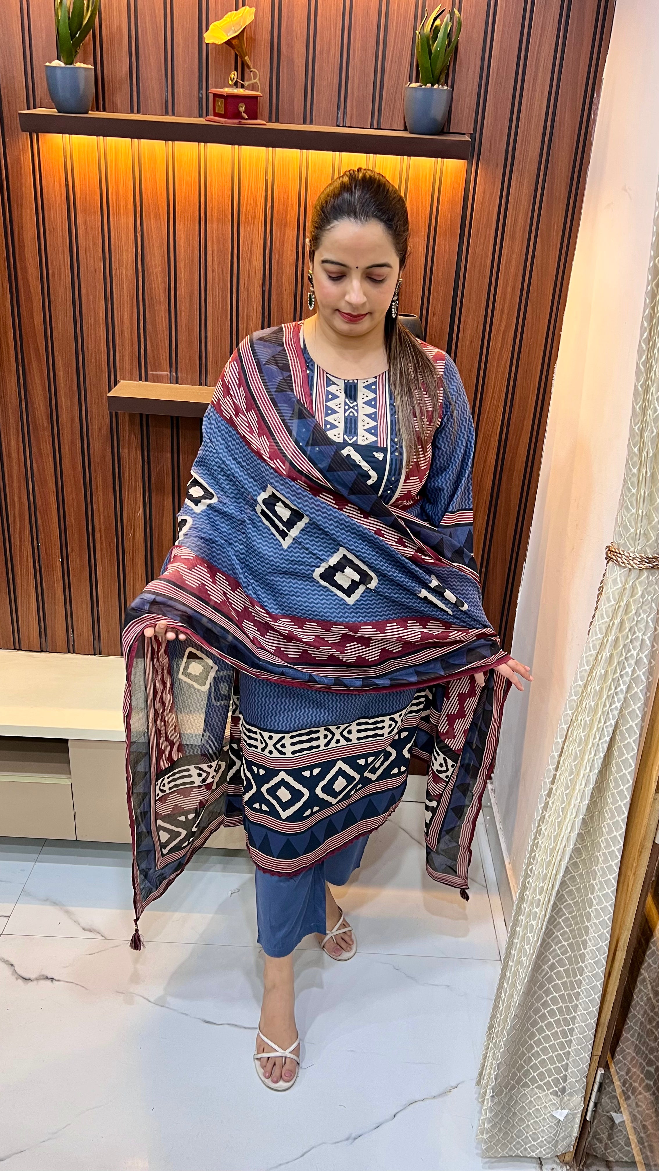 Pure Cotton Kalamkari Print Suit with Hand Embroidery Neckline & Crochet Lace Detailing