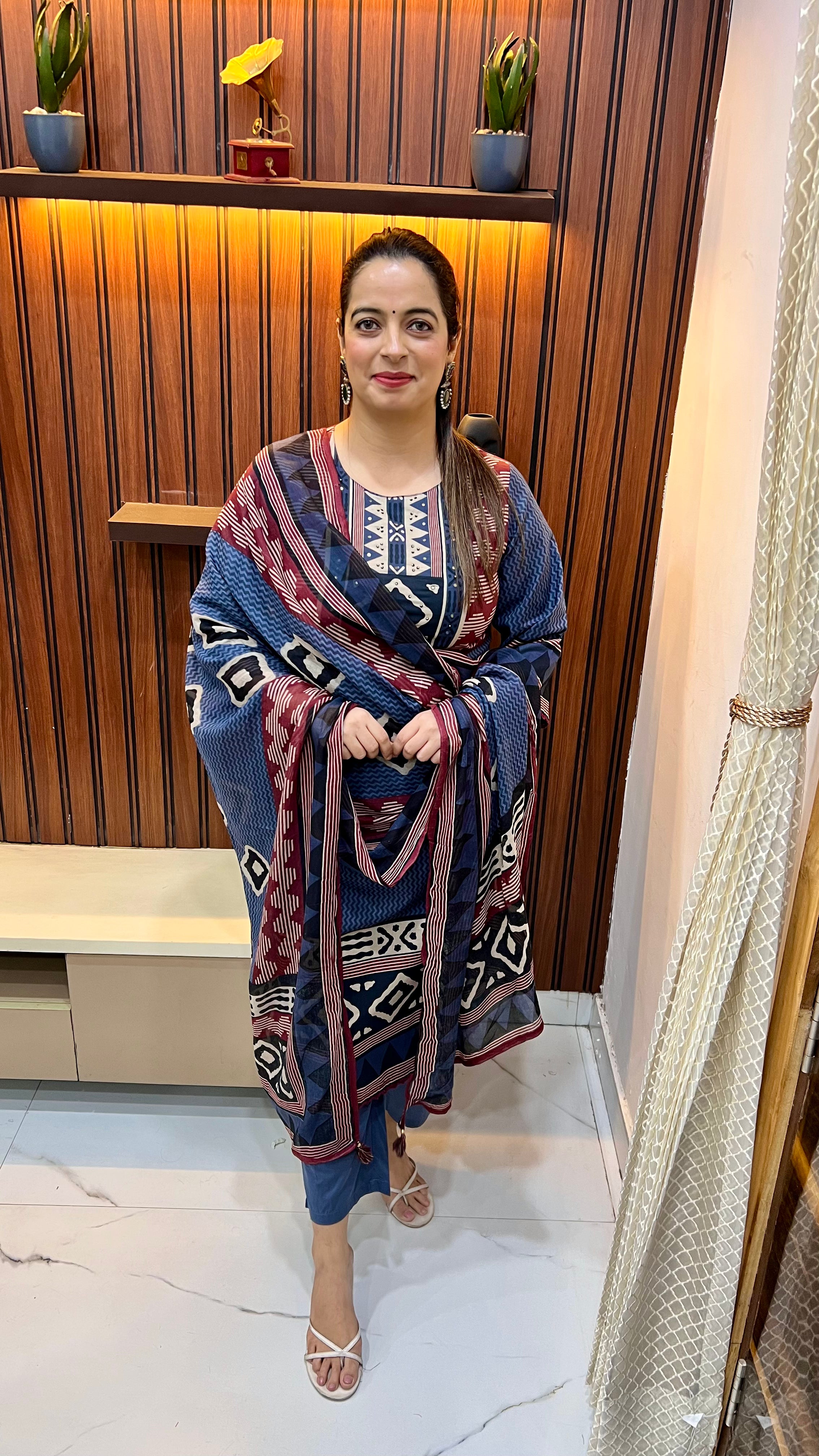 Pure Cotton Kalamkari Print Suit with Hand Embroidery Neckline & Crochet Lace Detailing