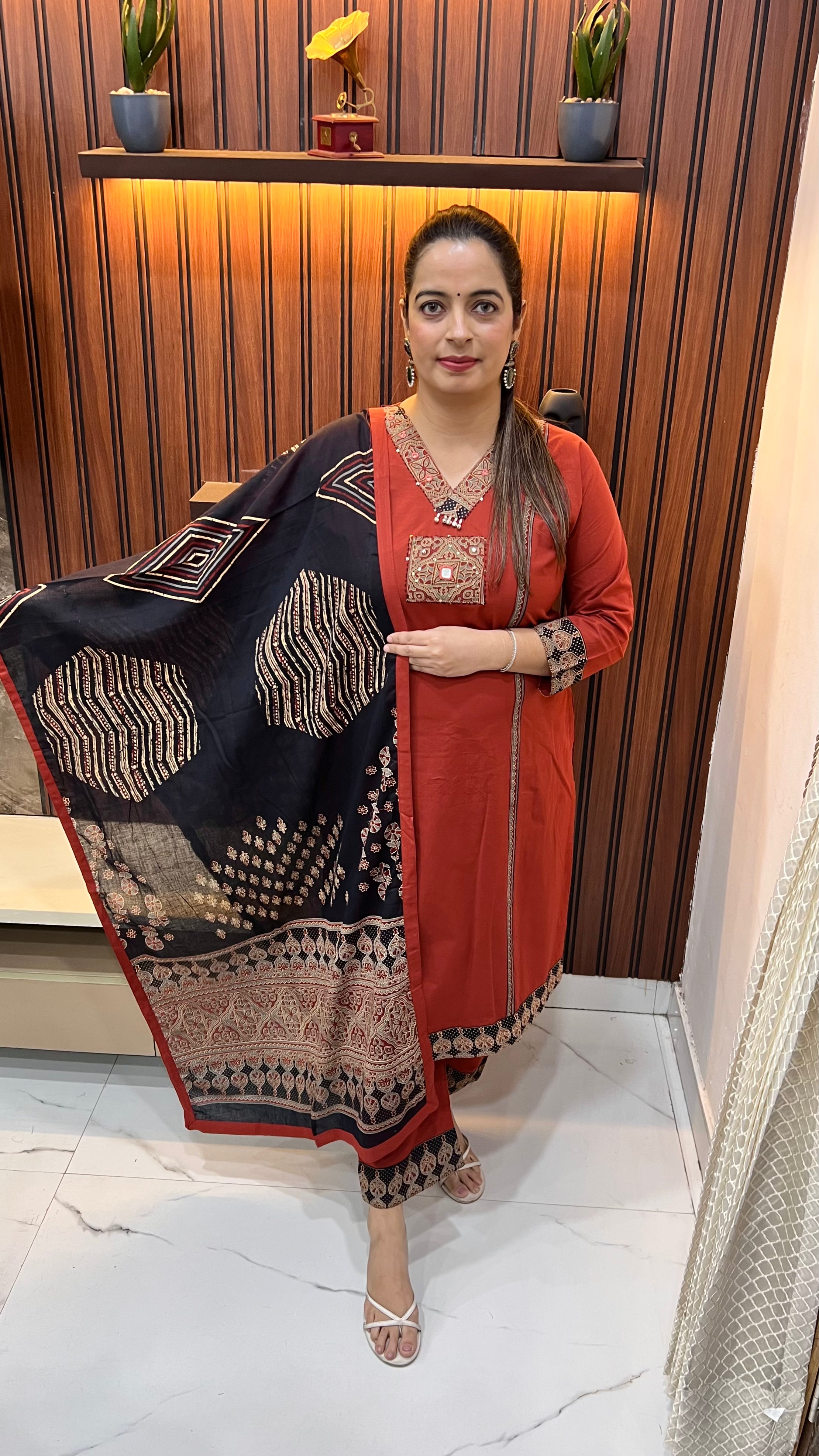 Pure Cotton Suit with Kalamkari, Kanta & Mirror Work with Ghungroo Neckline