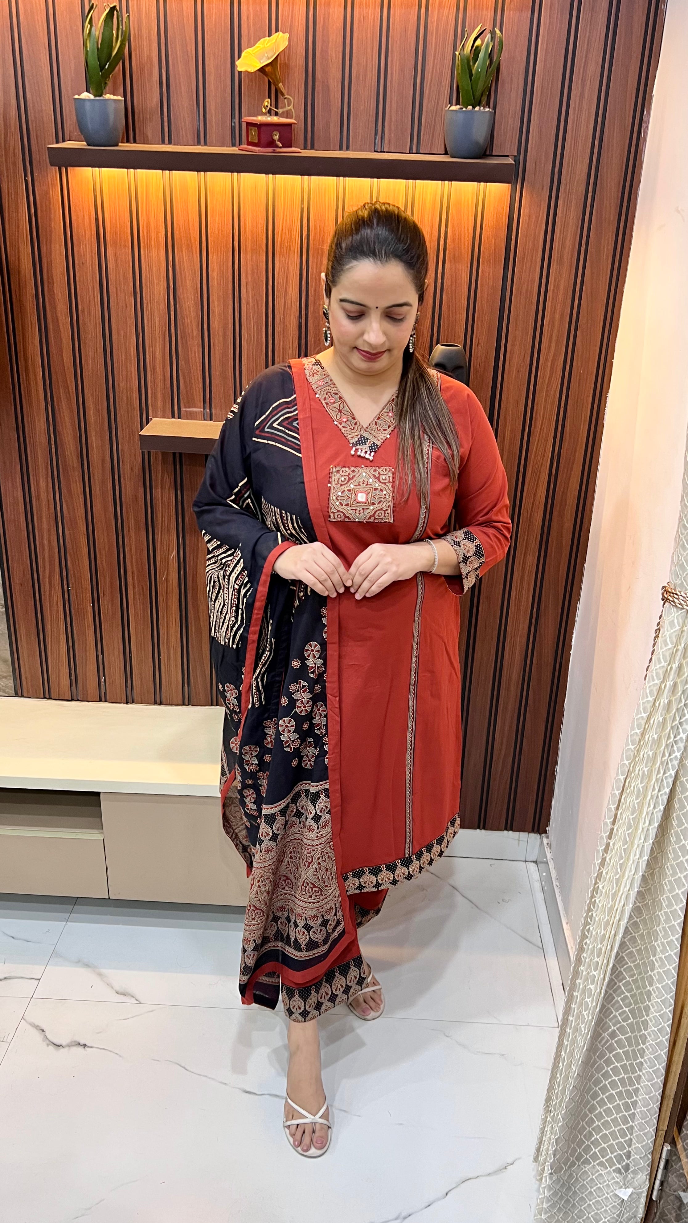 Pure Cotton Suit with Kalamkari, Kanta & Mirror Work with Ghungroo Neckline
