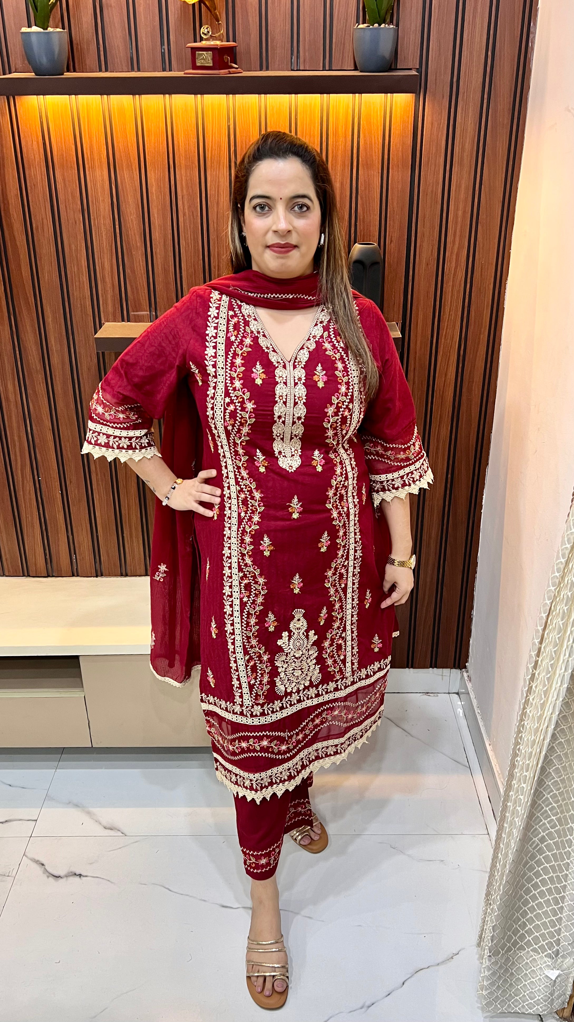 Pure Self Print Cotton Pakistani Style Suit with Mirror  Resham Embroidery