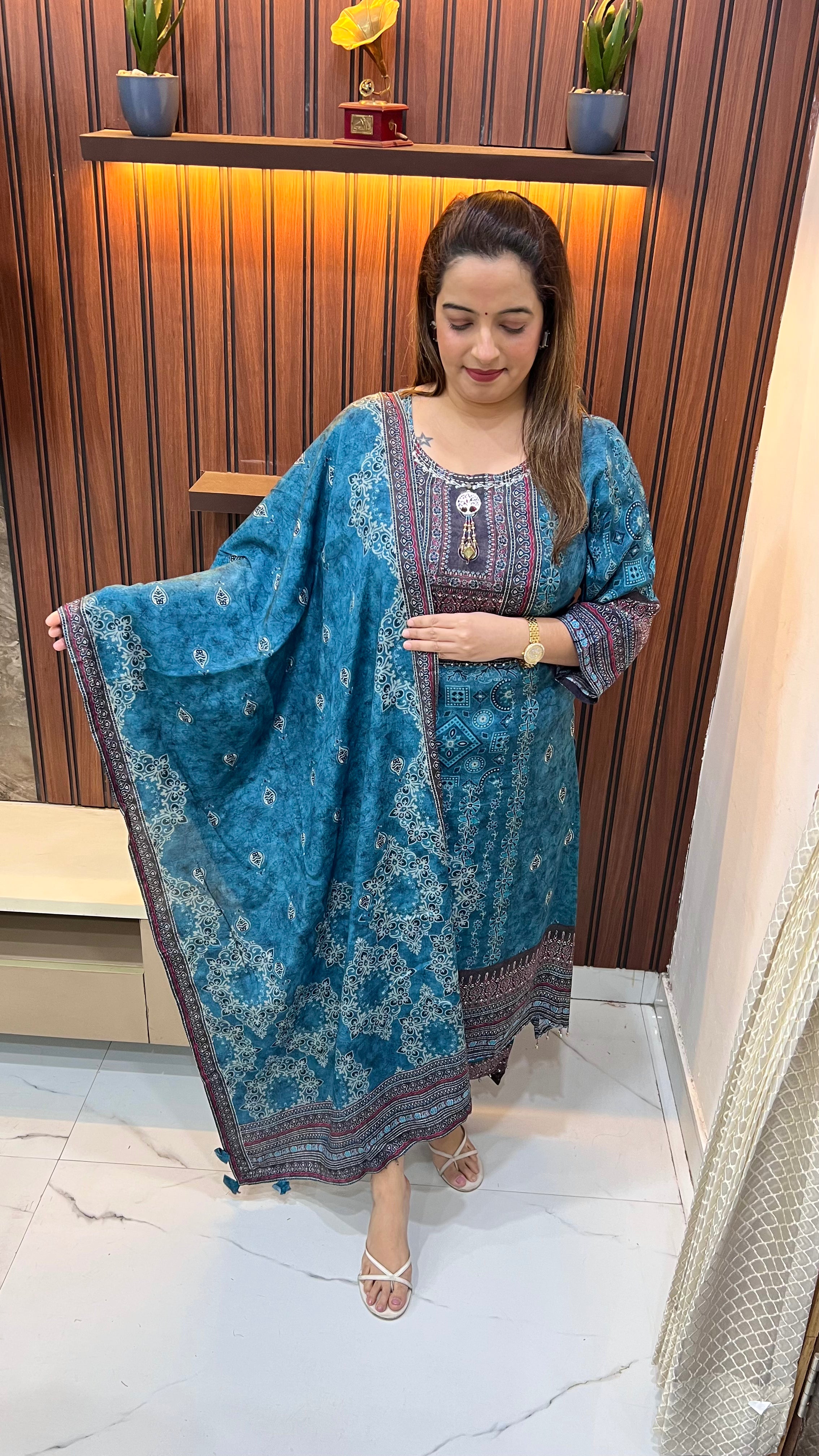 Natural Crepe Suit with Sequin & Imported Stone Work, C-Cut Style with Shantoon Bottom