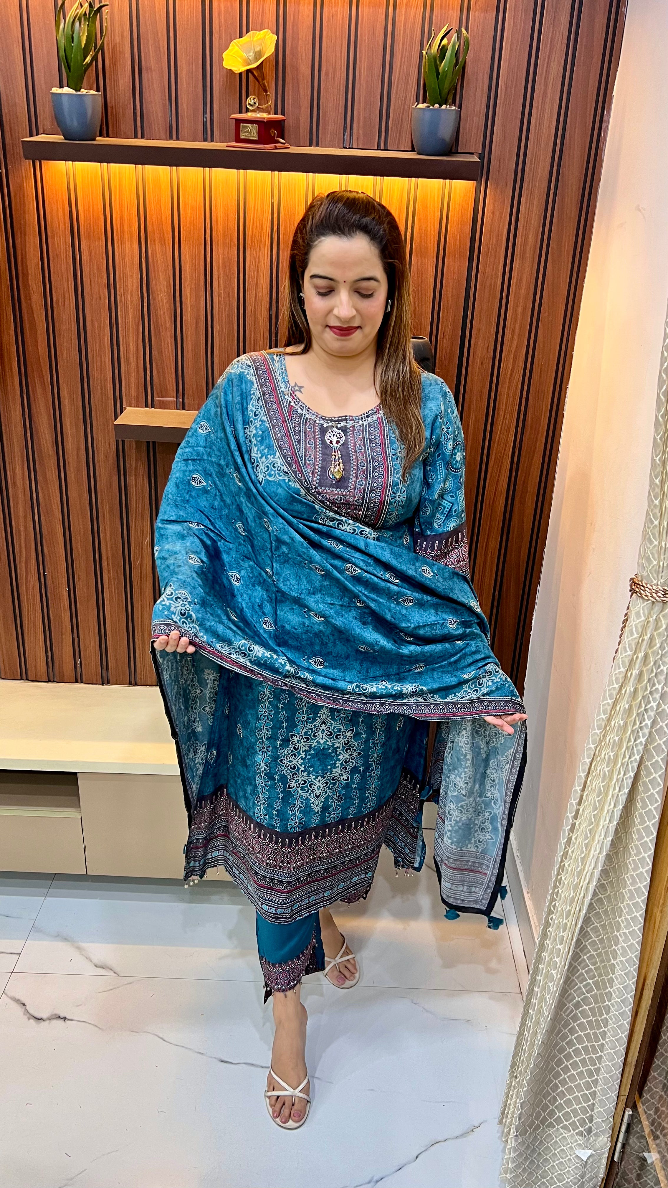 Natural Crepe Suit with Sequin & Imported Stone Work, C-Cut Style with Shantoon Bottom