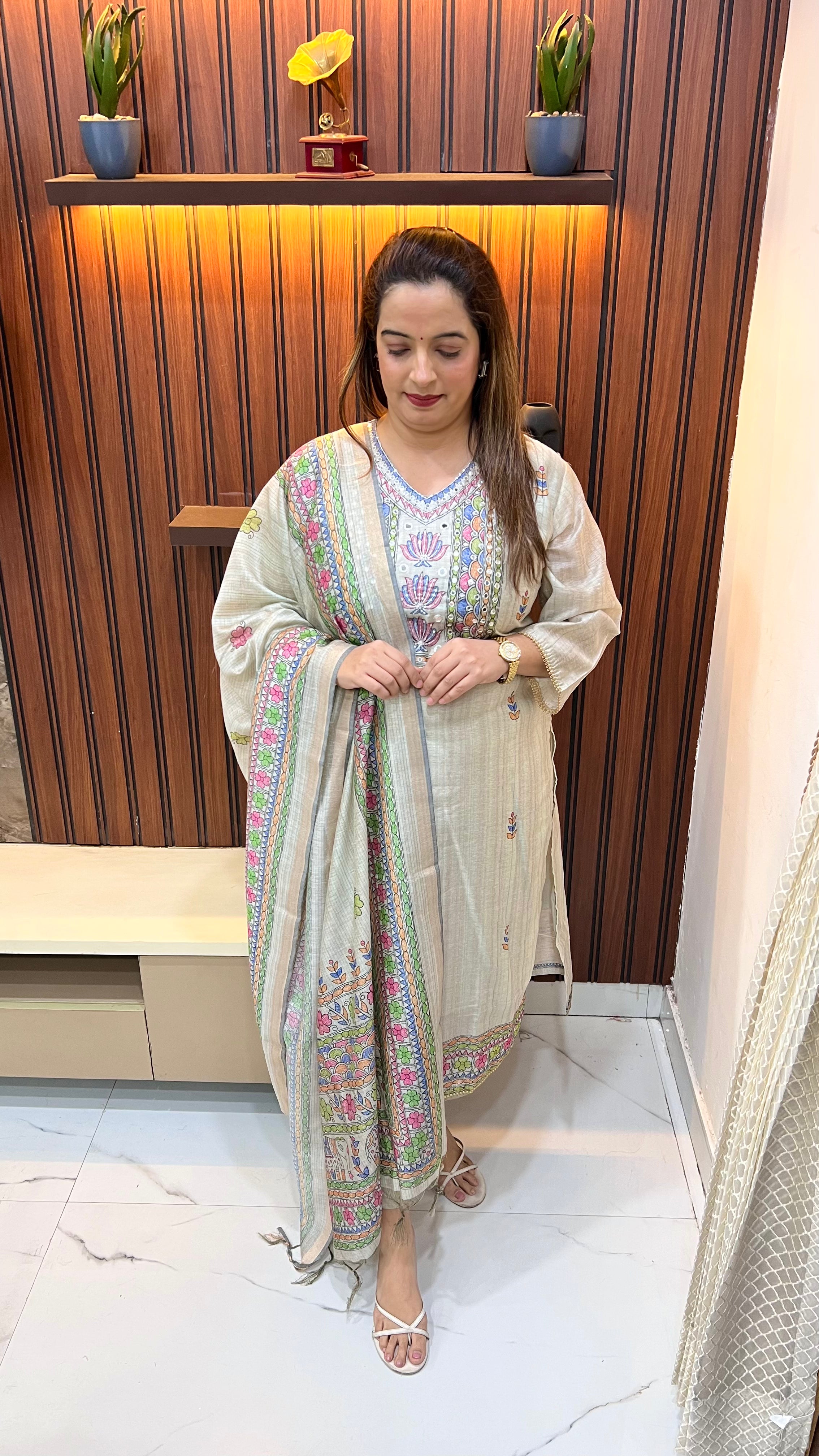 Maheshwari Silk Suit with Madhubani Artwork, Mirror Work & Kota Doria Lace