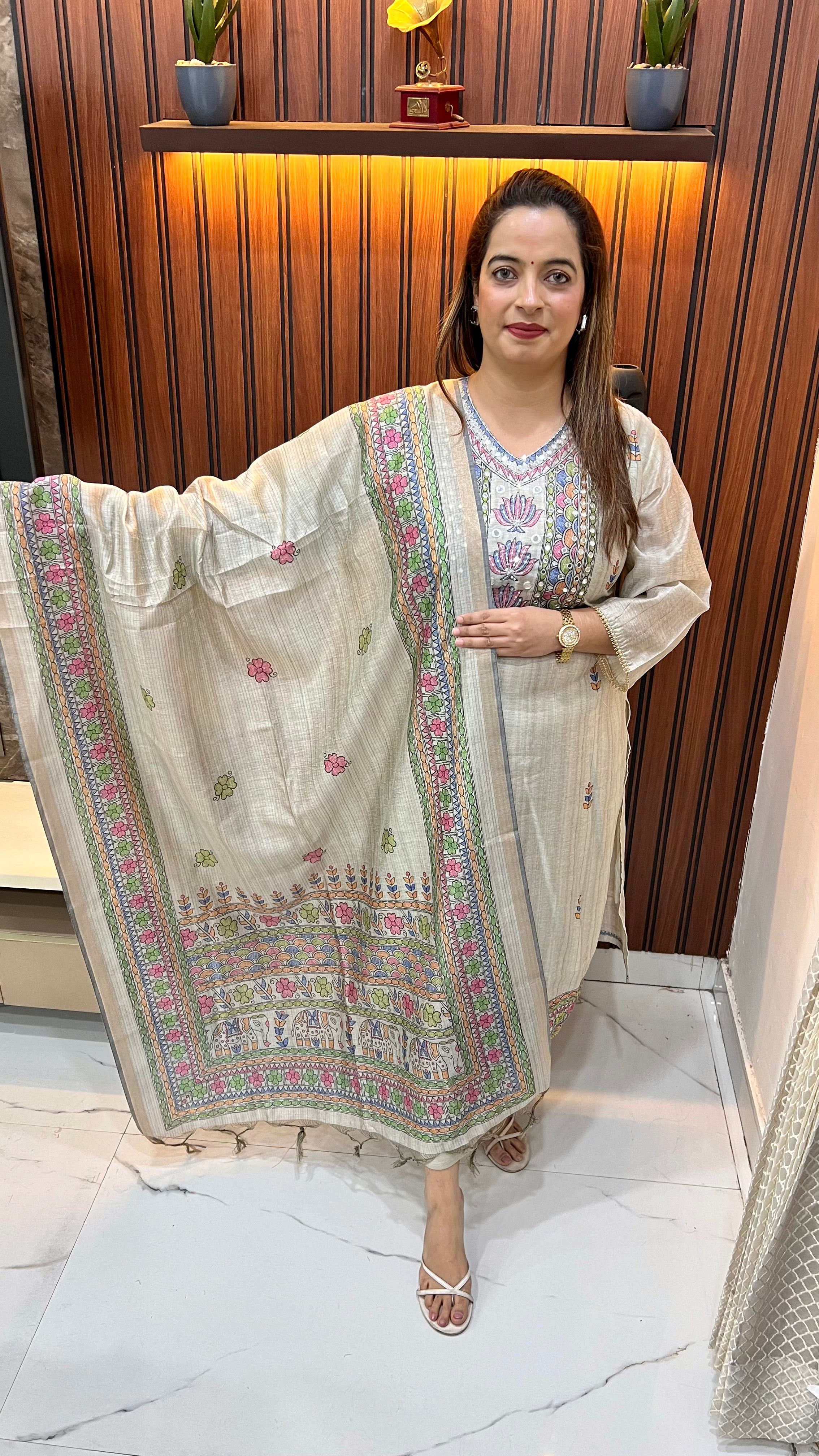 Maheshwari Silk Suit with Madhubani Artwork, Mirror Work & Kota Doria Lace