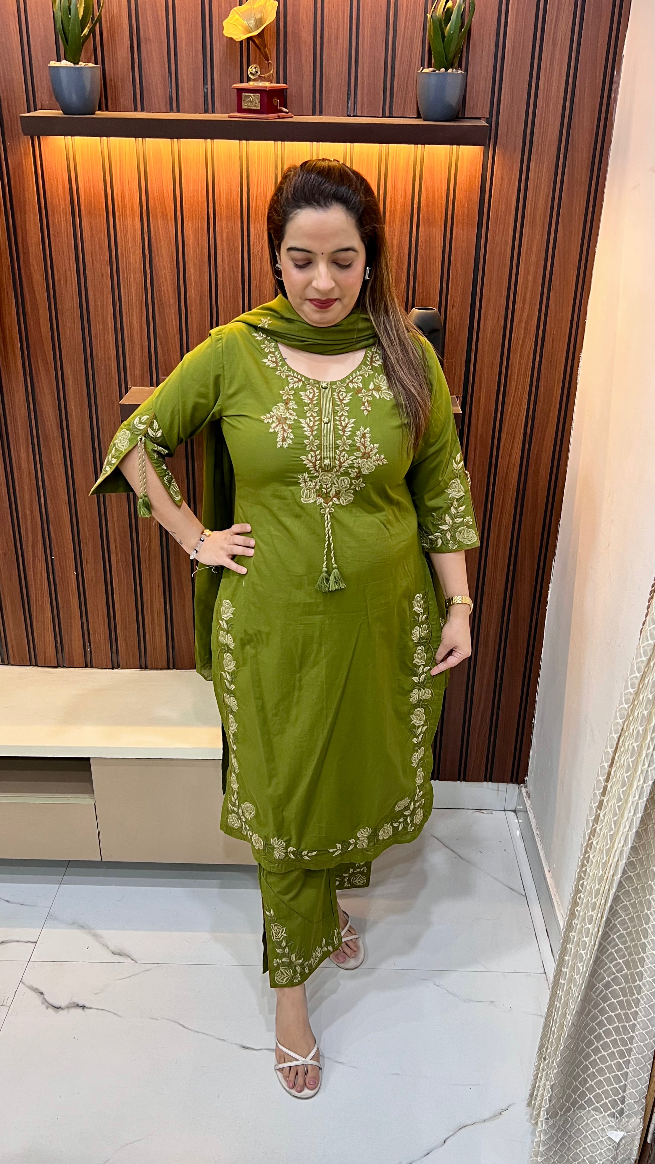 Pure Cotton Suit with Hand Embroidery, Designer Chalk & Ghera Work with Mul Cotton Dupatta