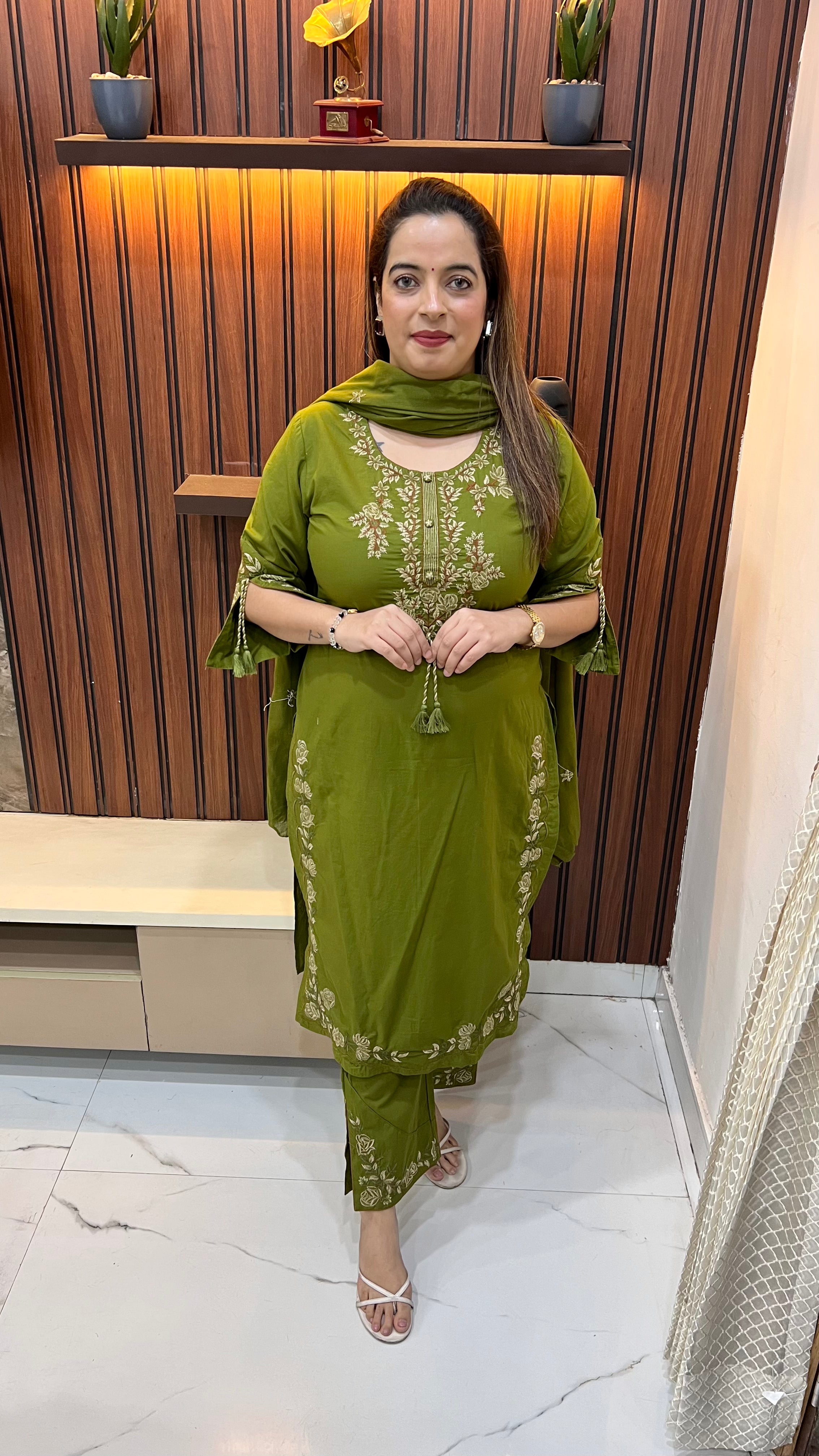 Pure Cotton Suit with Hand Embroidery, Designer Chalk & Ghera Work with Mul Cotton Dupatta