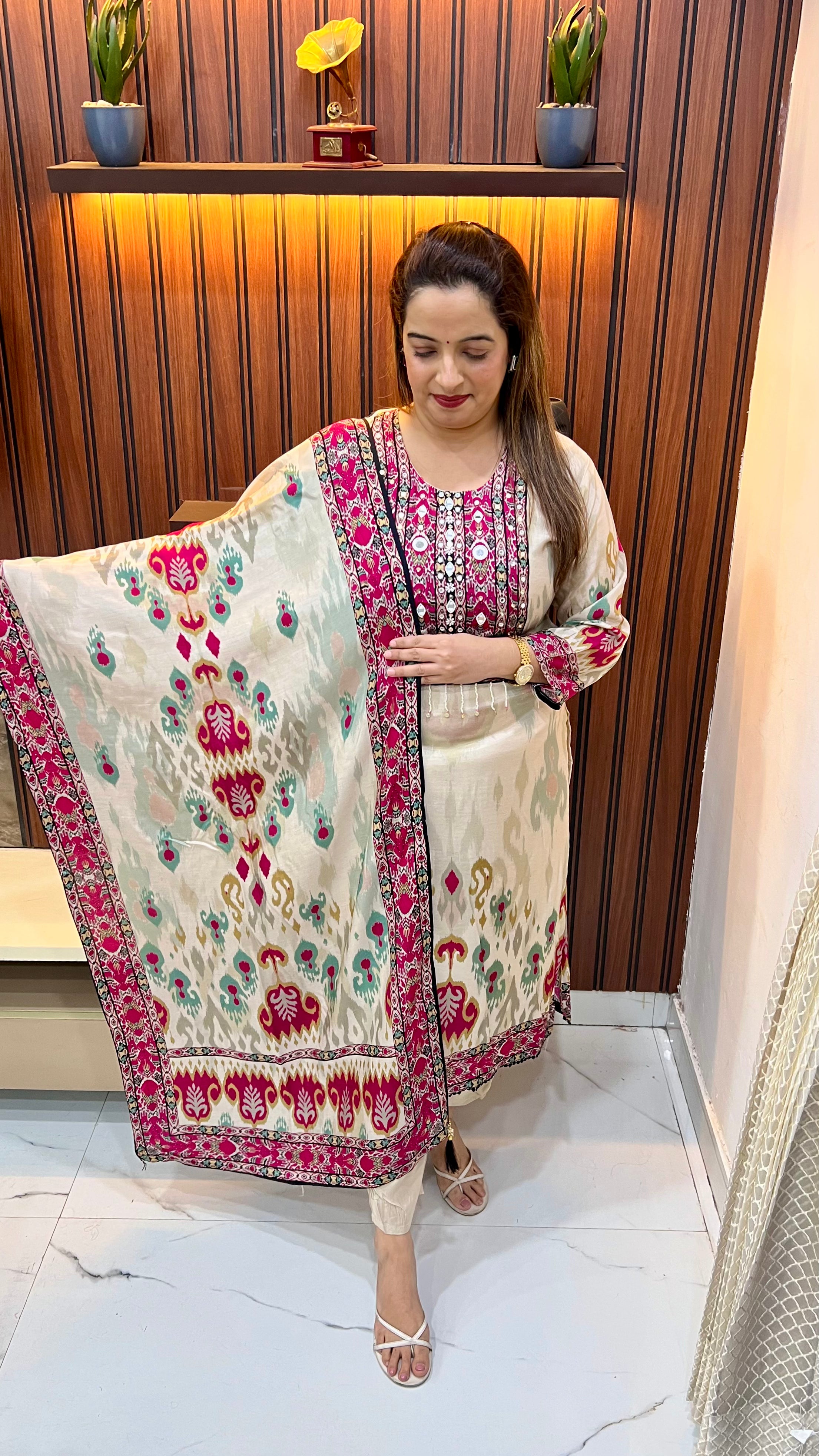 Natural Crepe Printed Suit with Mirror Work & Handmade Tassels