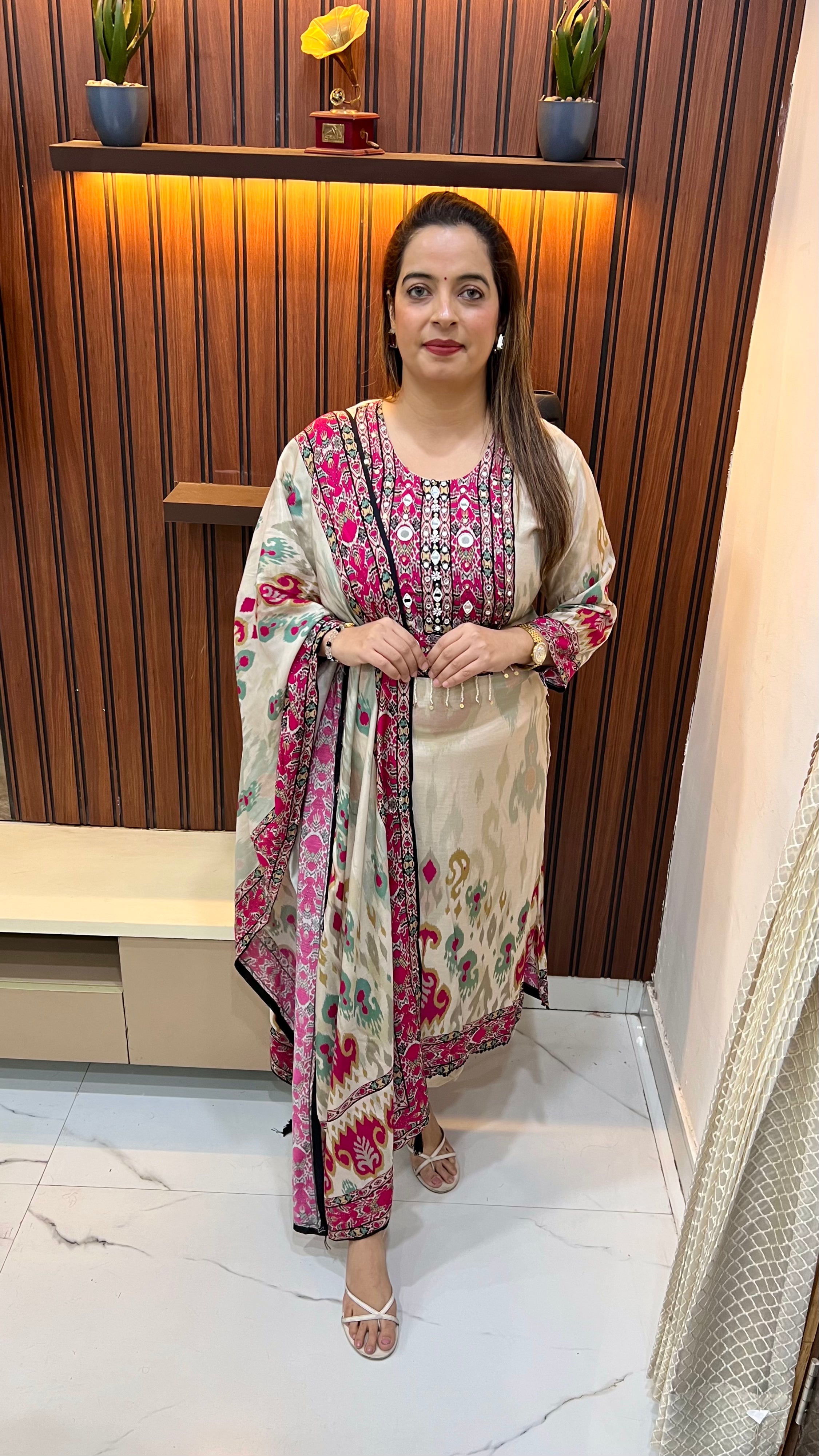 Natural Crepe Printed Suit with Mirror Work & Handmade Tassels