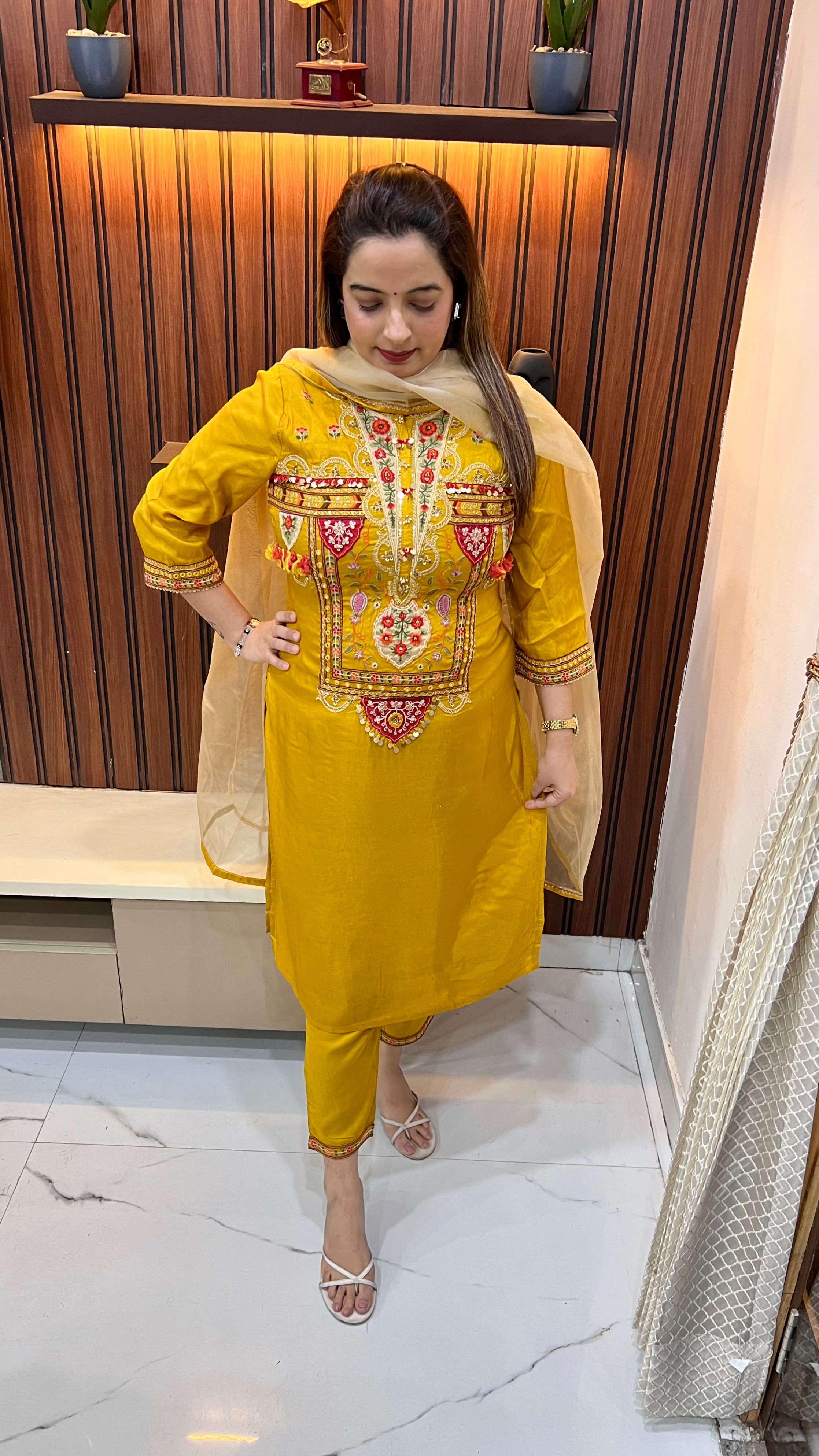 Paper Silk Suit with Zari, Mirror & Thread Embroidery Work