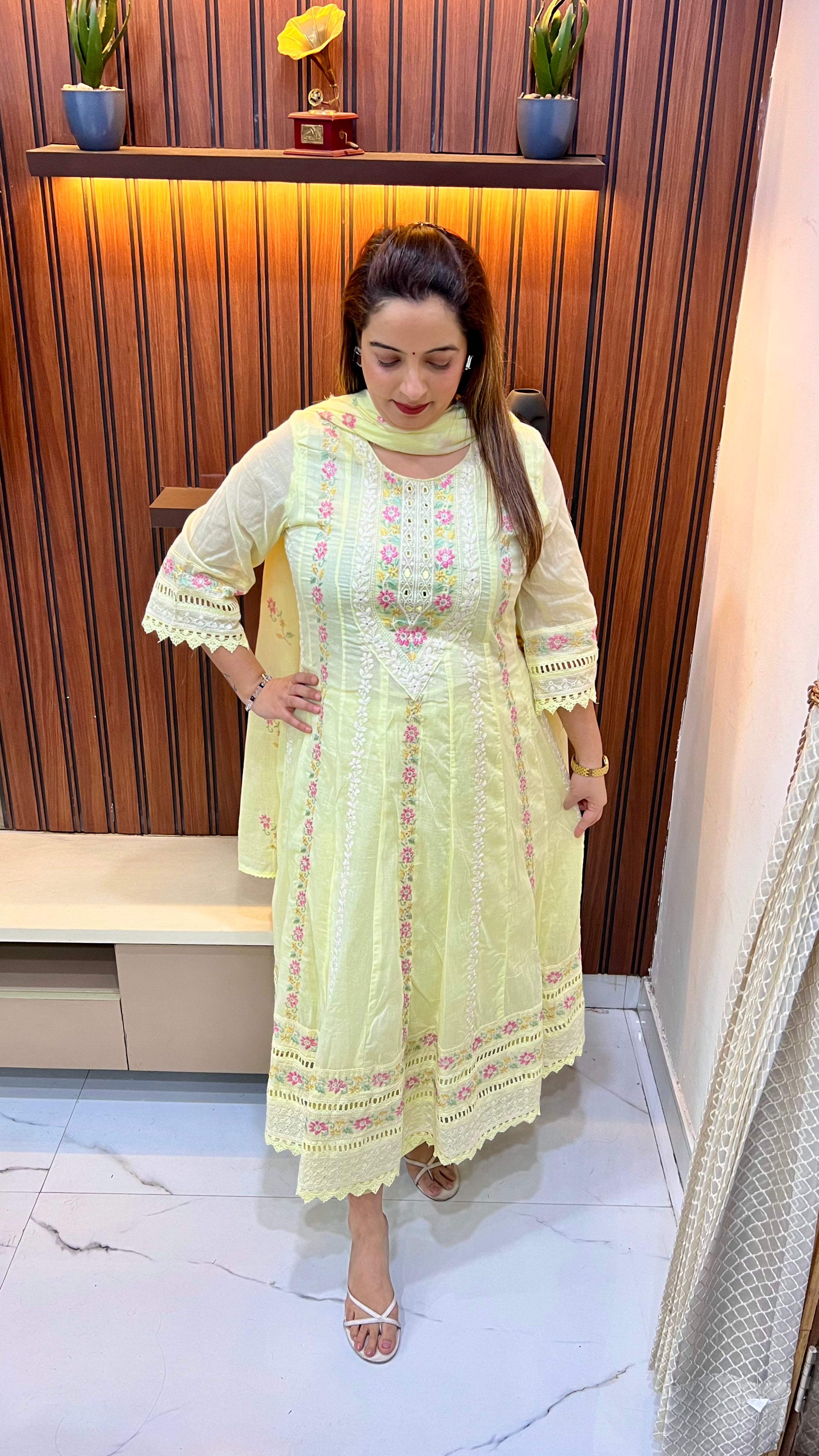 Cotton Anarkali Suit with Floral Thread Embroidery & Mirror Work