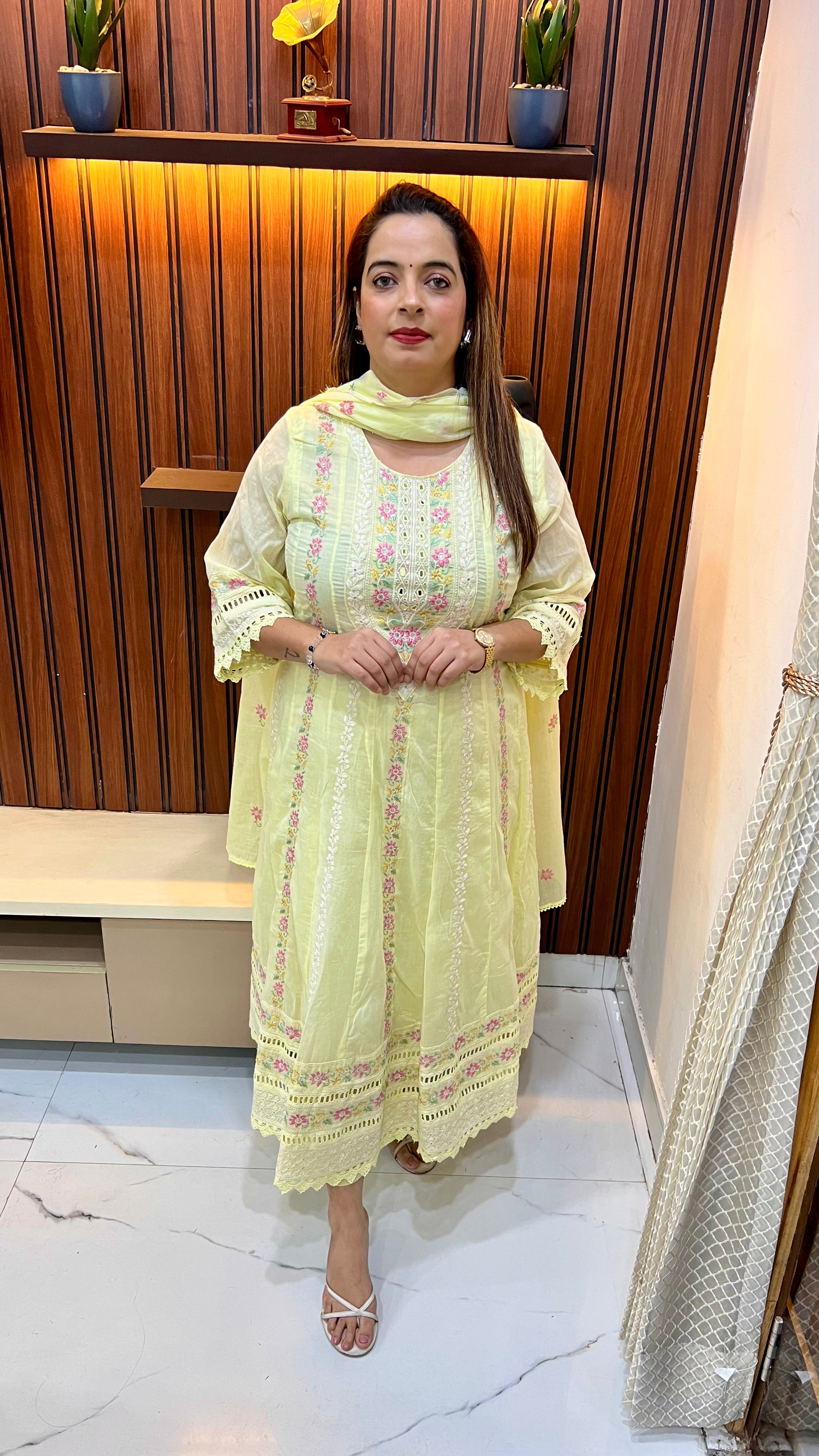 Cotton Anarkali Suit with Floral Thread Embroidery & Mirror Work