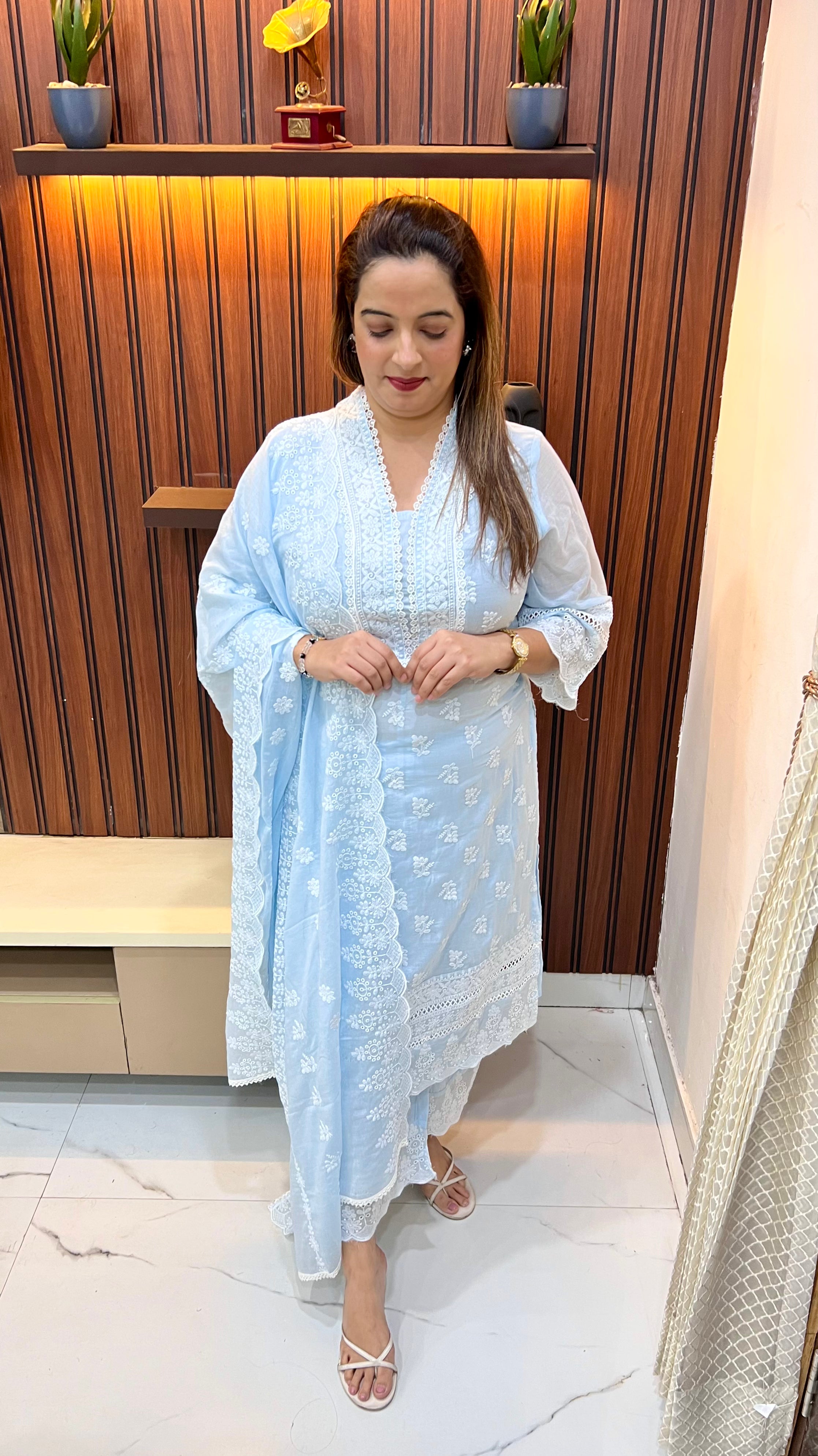 Pure Cotton Suit with Lucknowi Embroidery, Crochet Detailing with Bell Sleeves