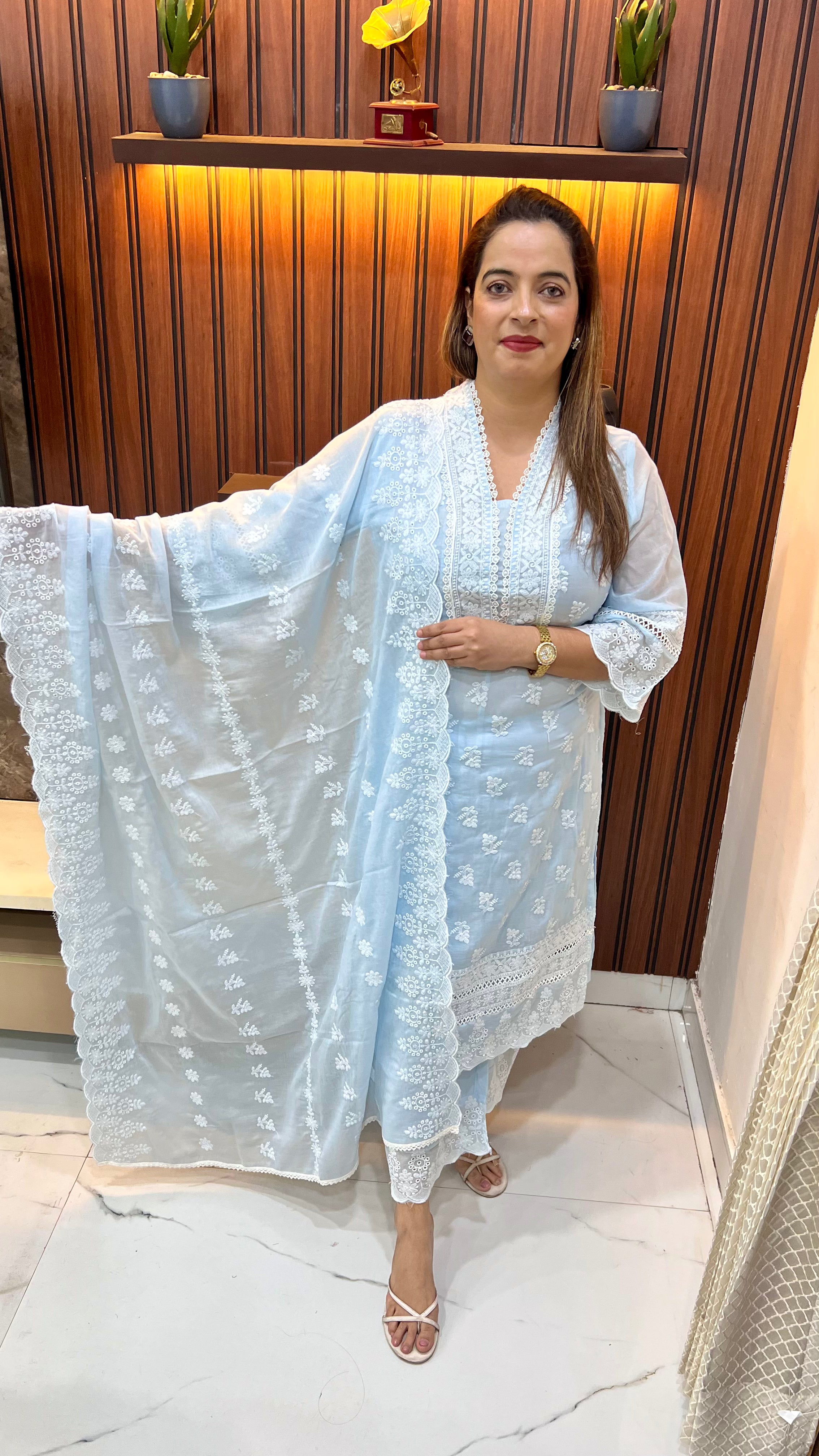 Pure Cotton Suit with Lucknowi Embroidery, Crochet Detailing with Bell Sleeves