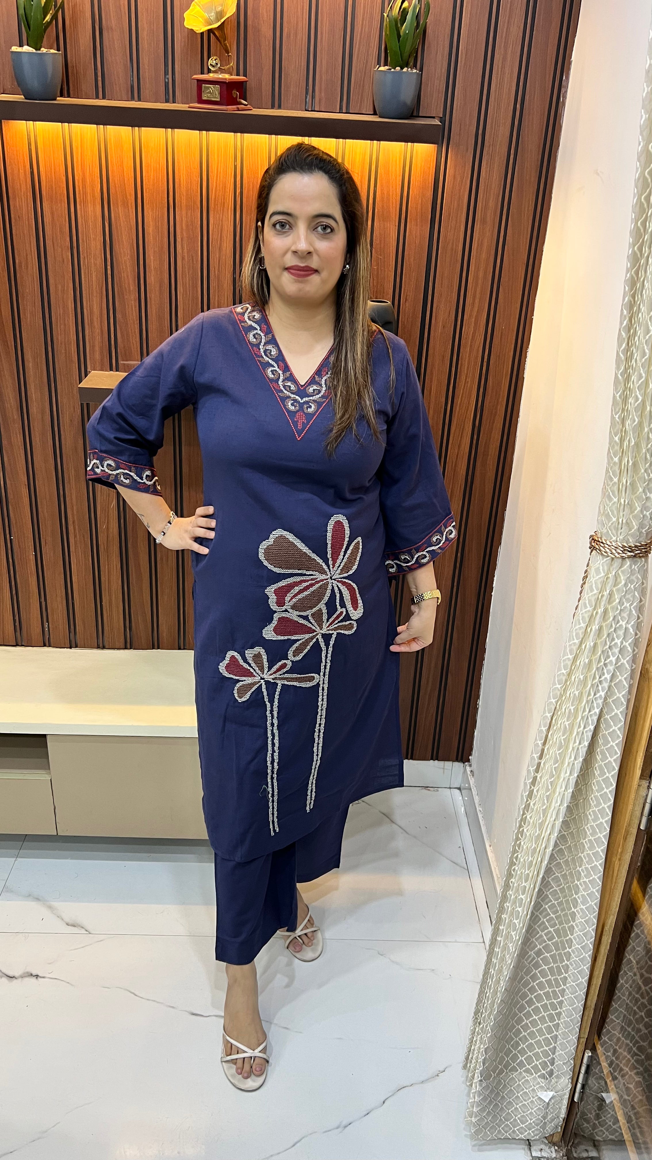 Handloom Cotton Co-ord Set with Cross Stitch Floral Work on Neckline & Ghera