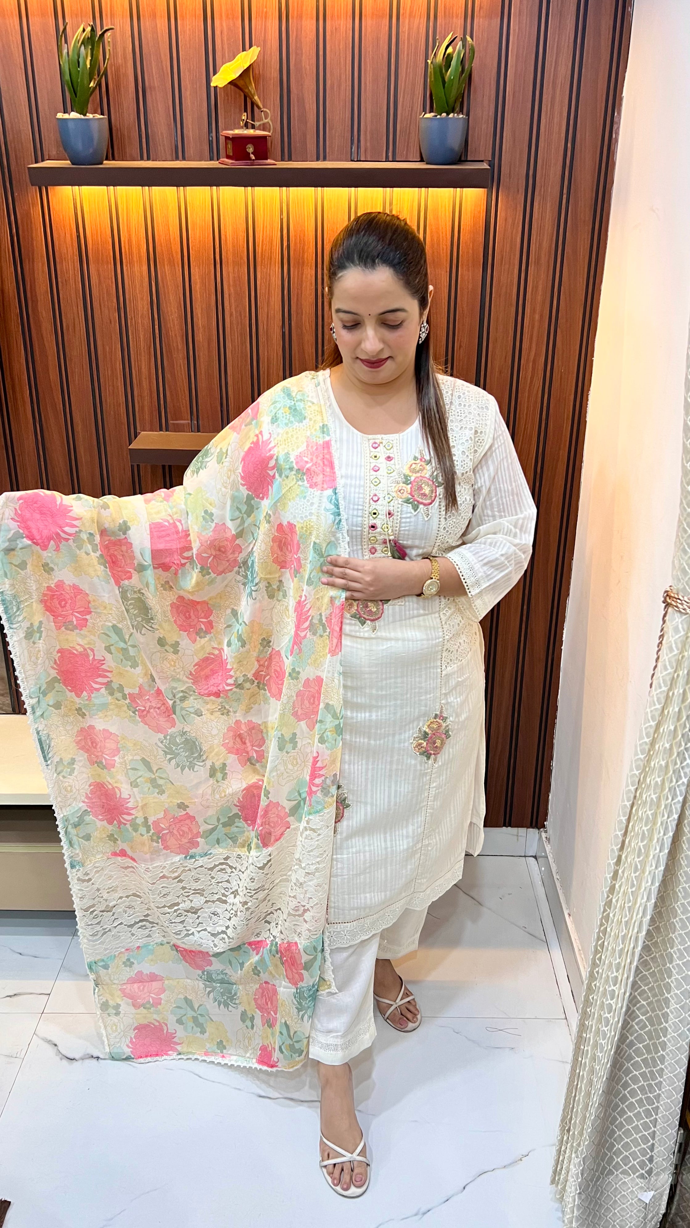Mul Cotton Schiffli Suit with Crochet Lace, Mirror Work & Floral Dupatta