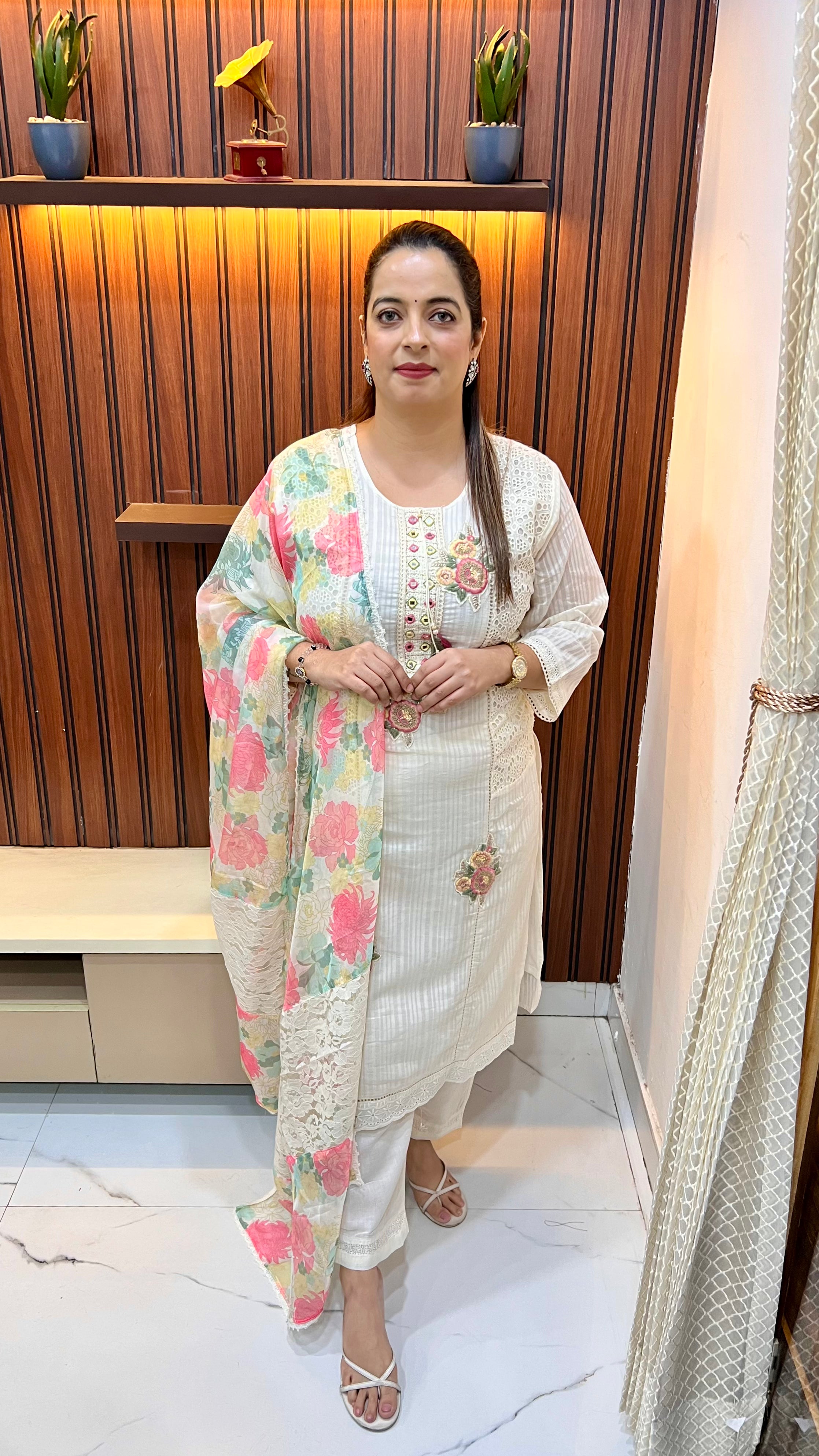 Mul Cotton Schiffli Suit with Crochet Lace, Mirror Work & Floral Dupatta