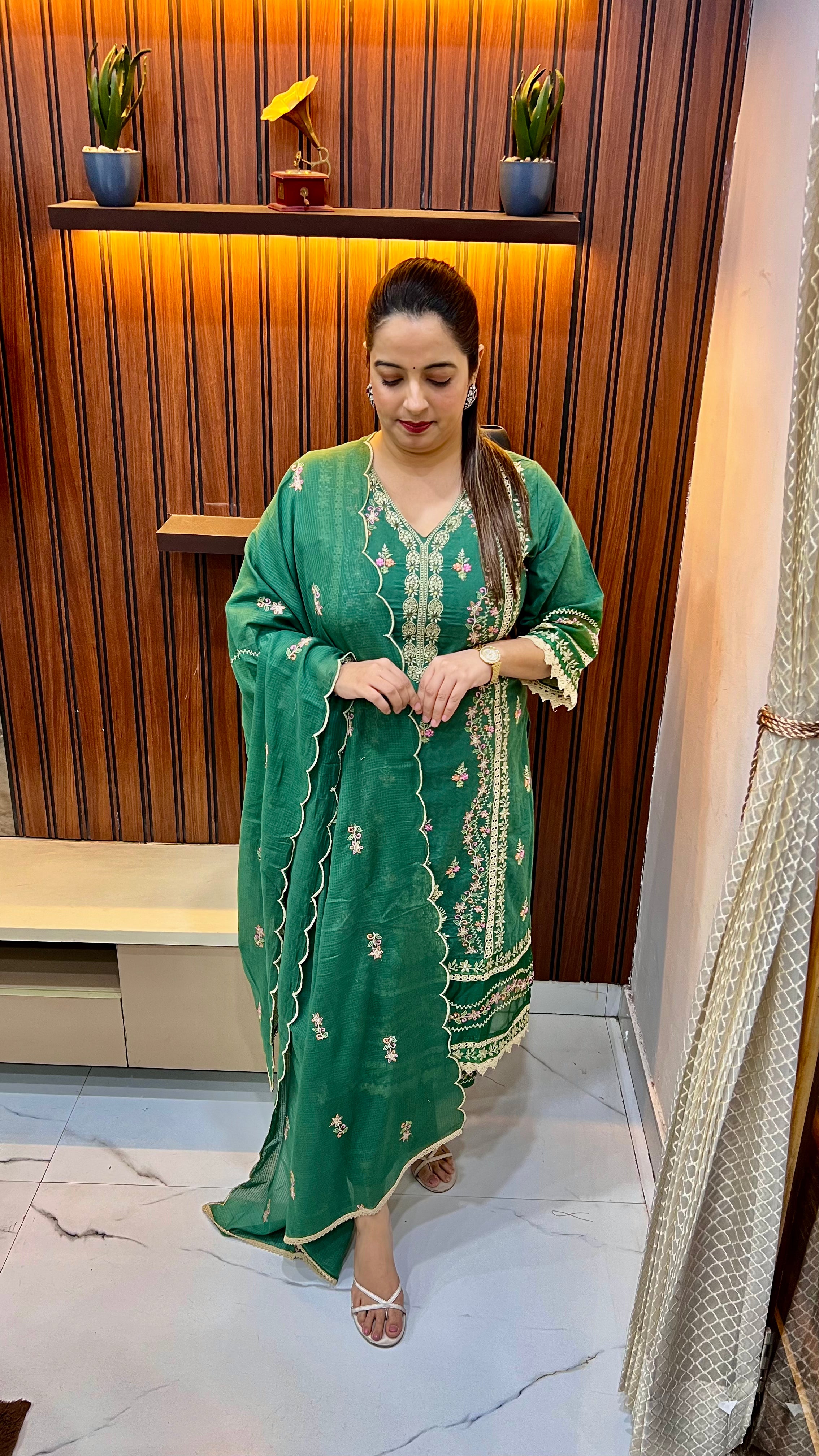 Pure Self Print Cotton Pakistani Style Suit with Mirror Resham Embroidery