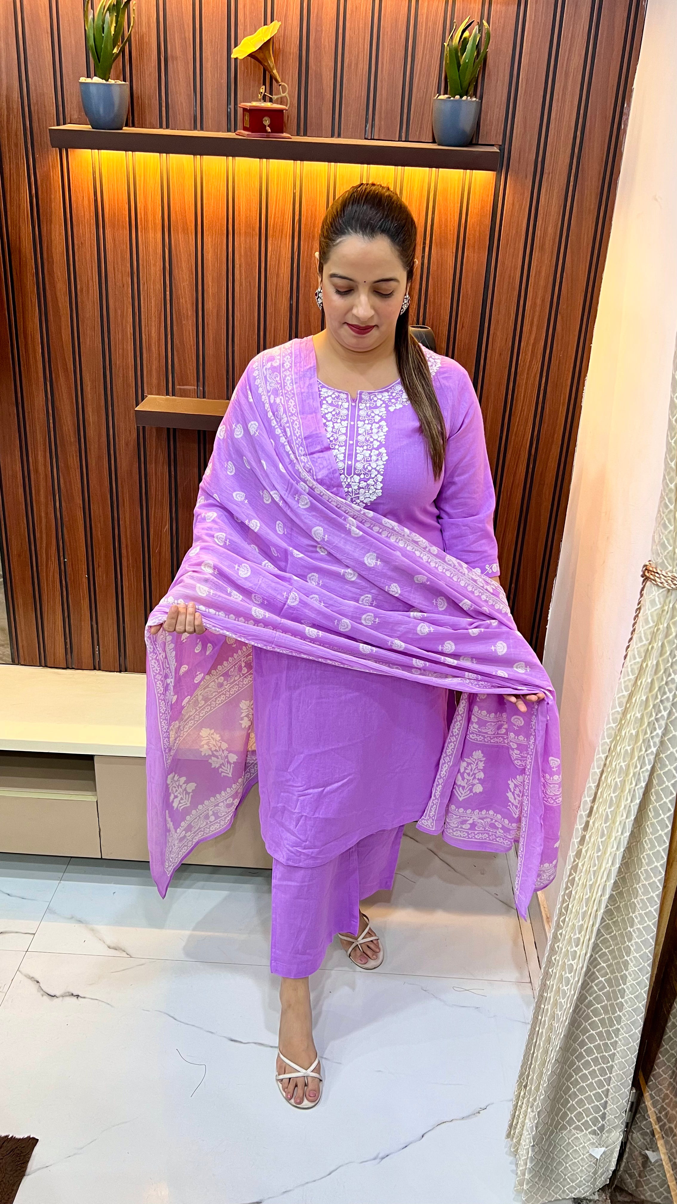 Handloom Cotton Suit with Thread Embroidery & Kalamkari Dupatta
