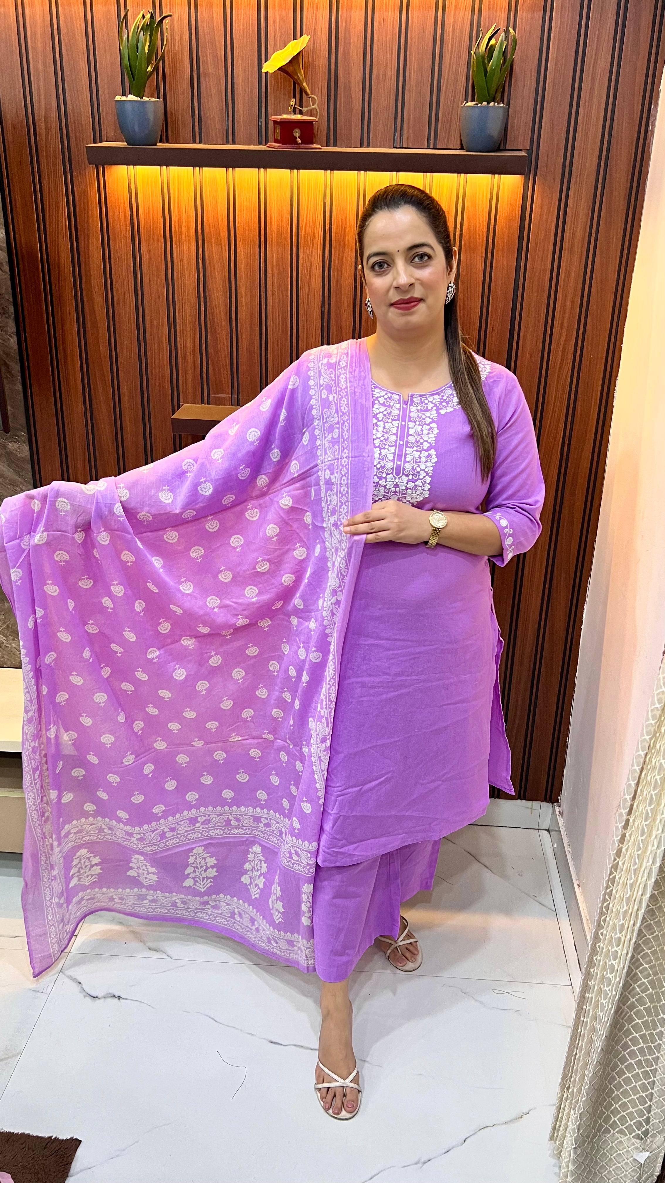 Handloom Cotton Suit with Thread Embroidery & Kalamkari Dupatta