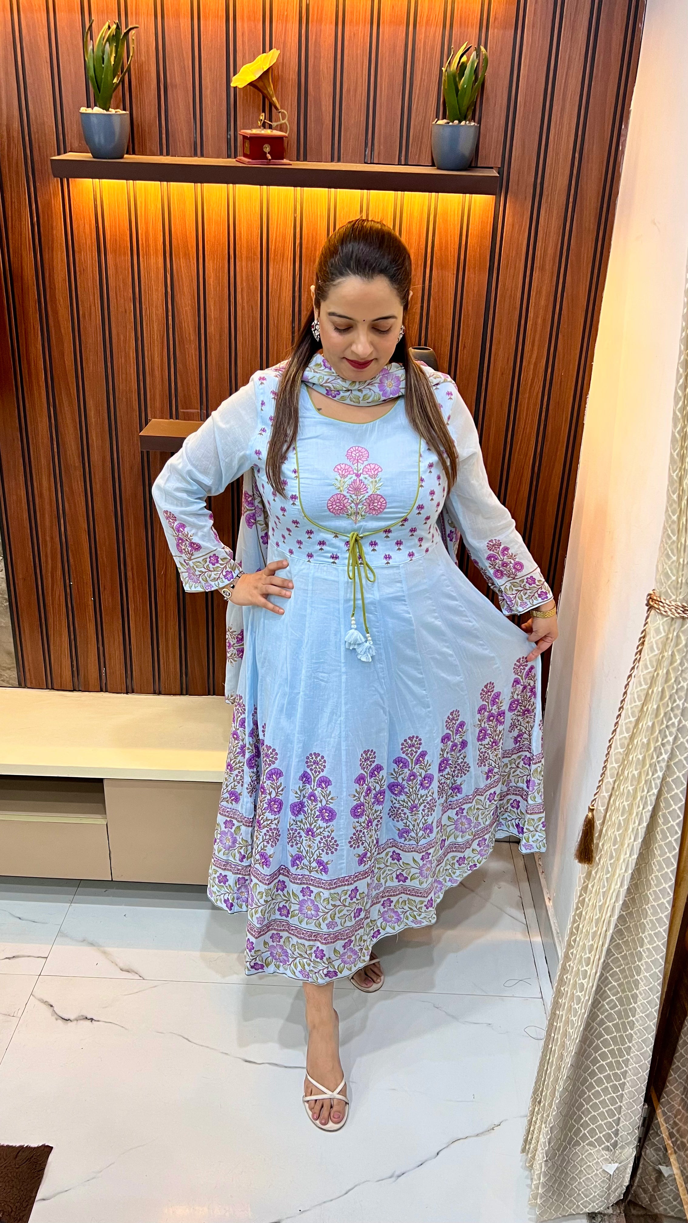 Pure Mul Cotton Anarkali Suit with Floral Block Print & Matka Galla Detailing