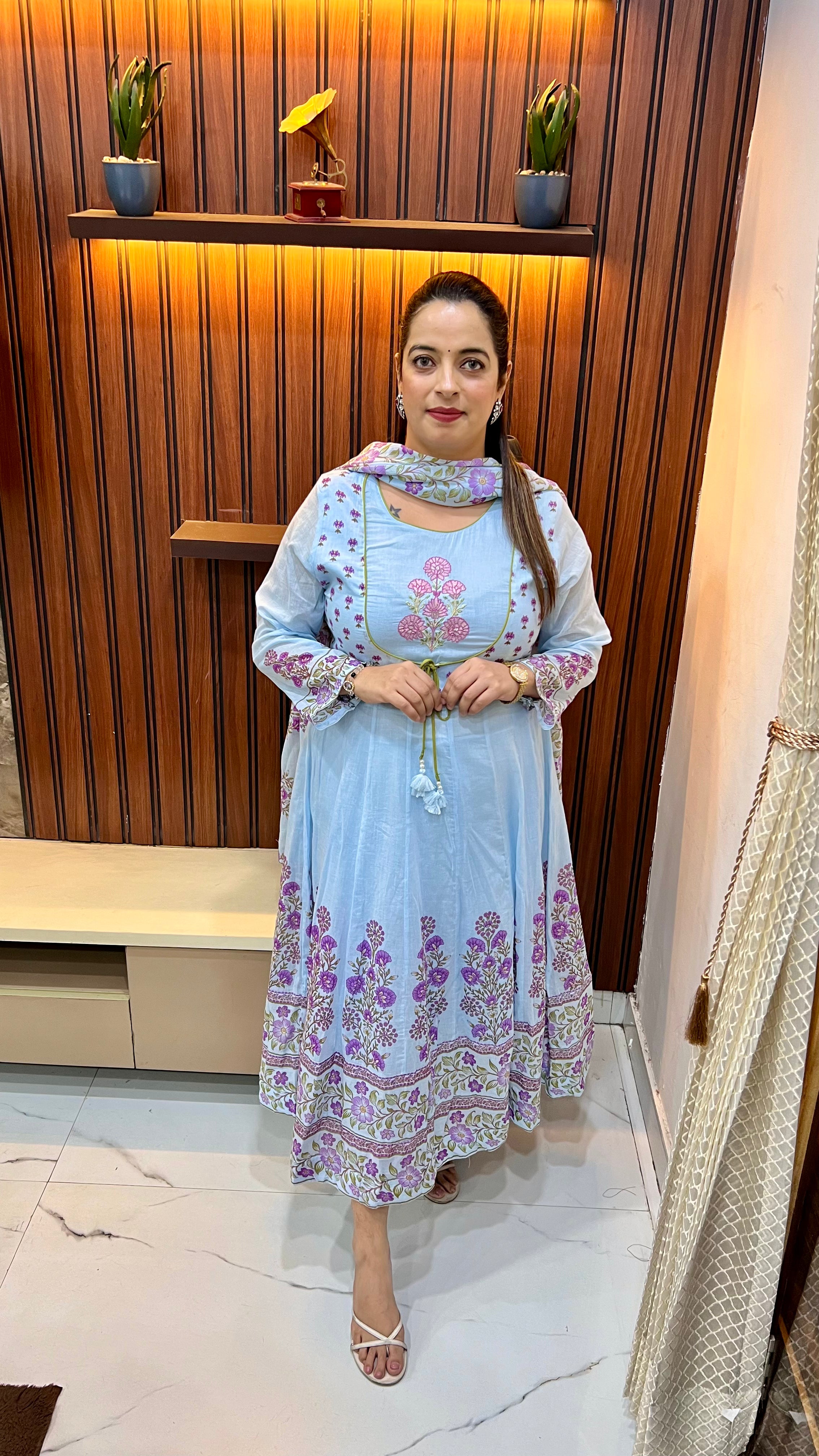 Pure Mul Cotton Anarkali Suit with Floral Block Print & Matka Galla Detailing