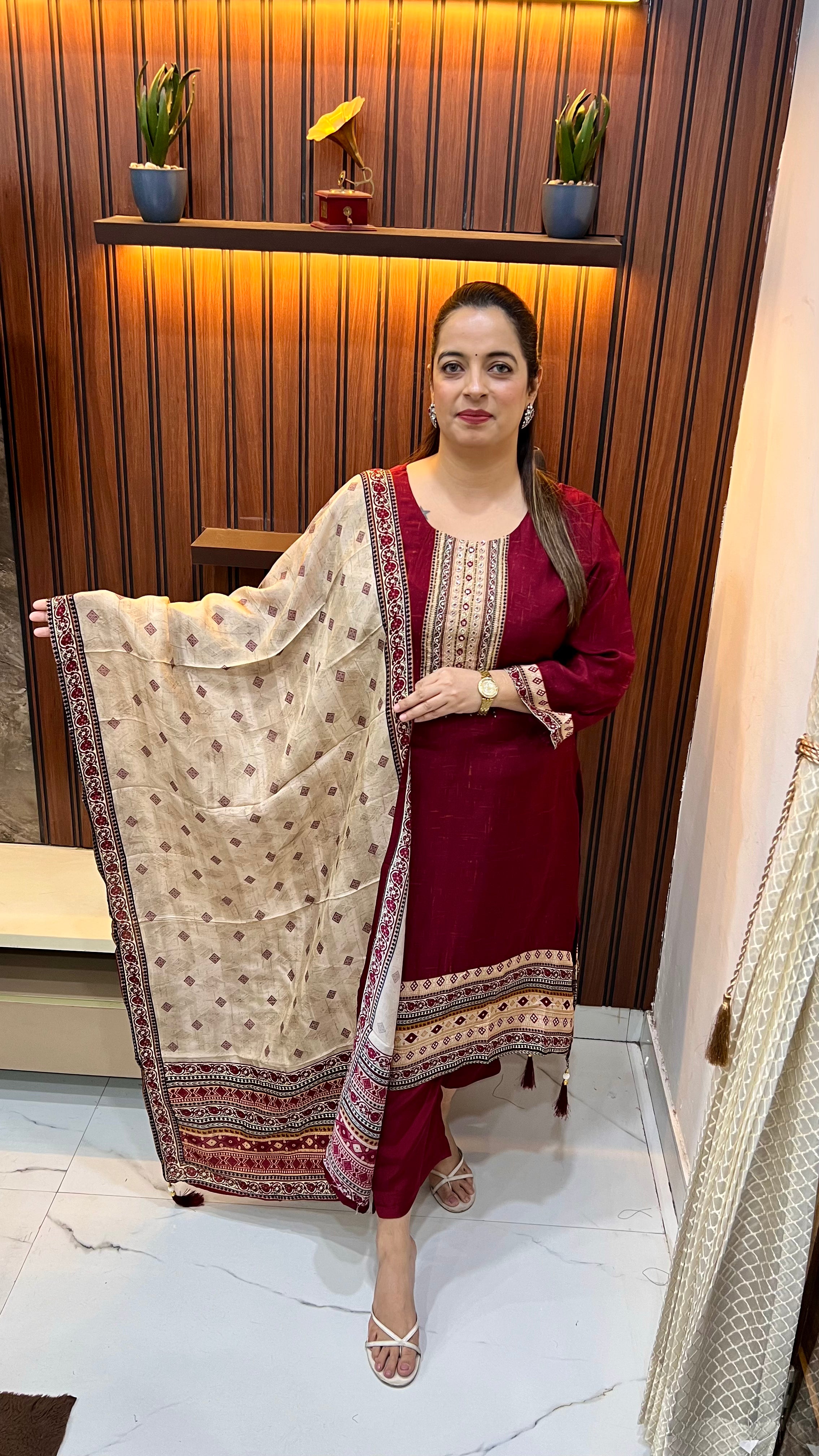 Paper Silk Crepe Suit with C-Cut Ghera, Dabka & Mirror Work