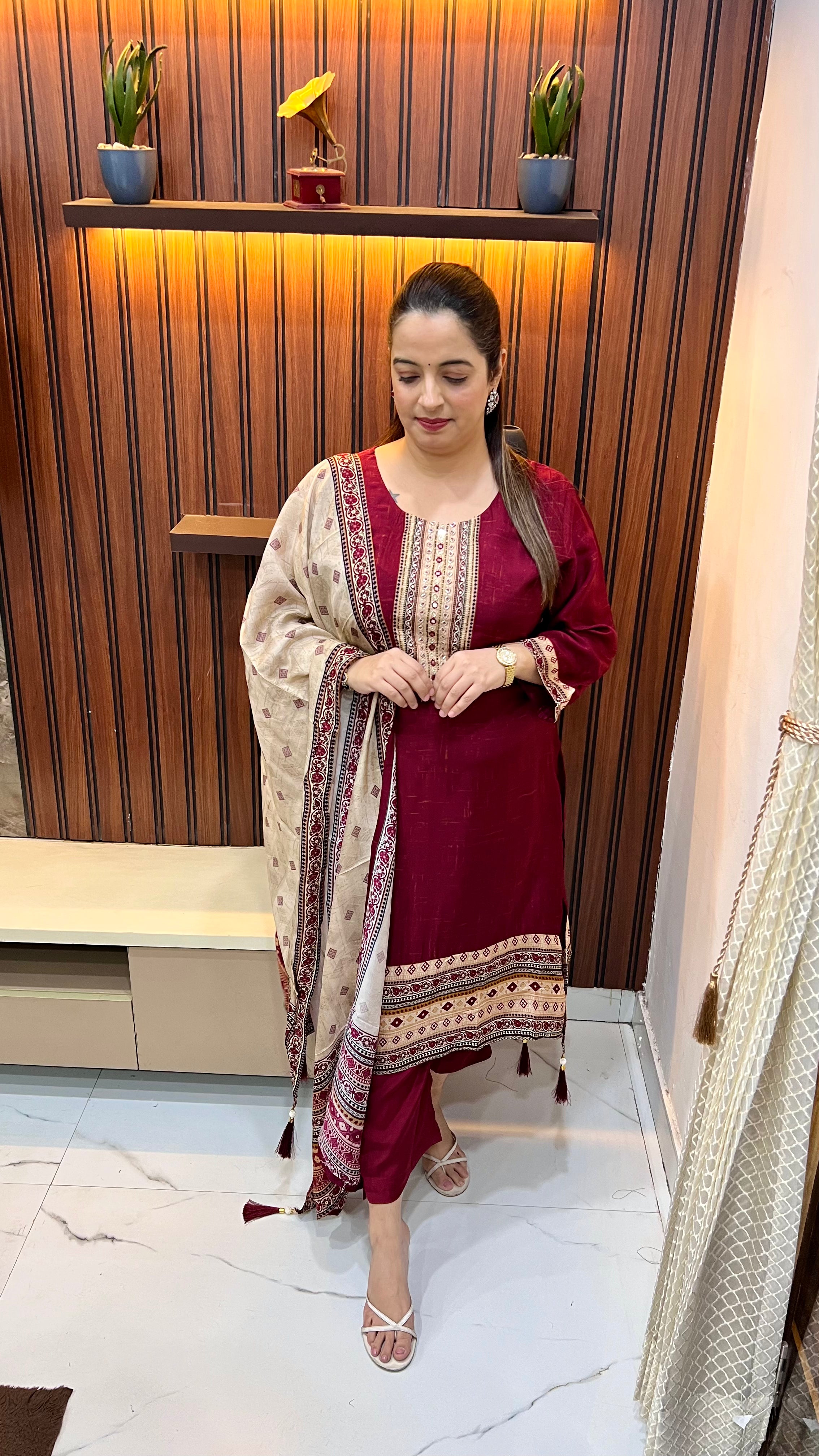 Paper Silk Crepe Suit with C-Cut Ghera, Dabka & Mirror Work